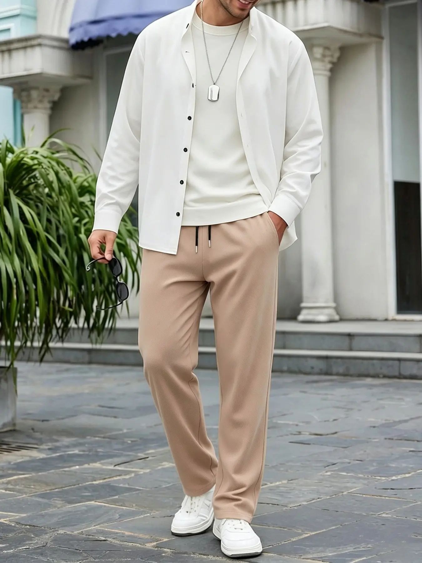 Men White Stand Collar Textured Shirt & Khaki Straight Pants 2 Piece Outfit, Soft Comfort Skin-Friendly Breathable Fabric, Elastic Drawstring Trousers, Versatile For Outdoor Hiking, City Travel, Daily Office Commute And Casual Street Wear