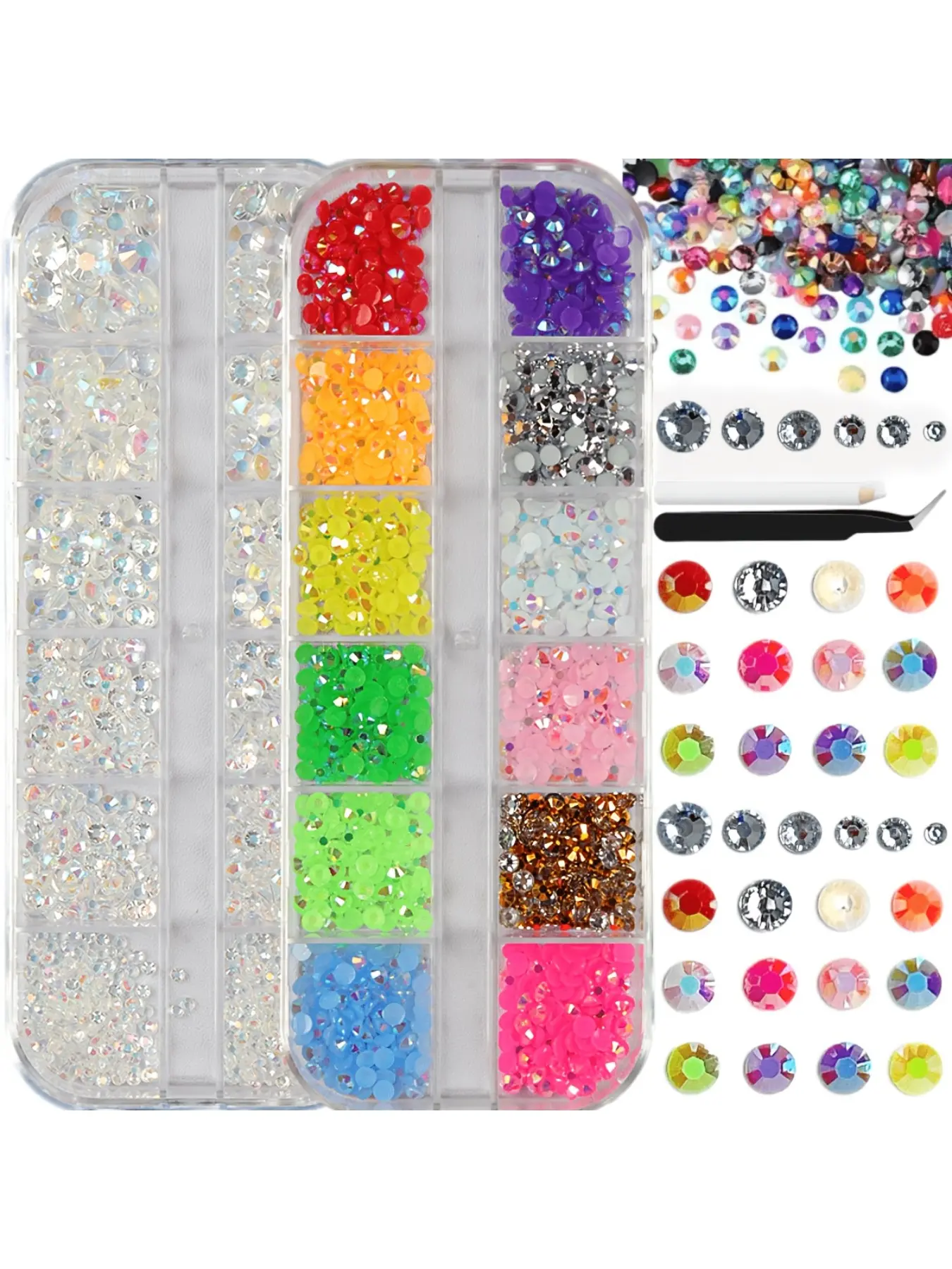 2 boxes of handmade jelly resin rhinestones, (2/3/4/5/6mm) colorful nail rhinestones, silver AB iridescent, black flat bottomed crystal diamonds, with tweezers and drill pens included. Suitable for DIY decoration, clothing decoration, cup decoration