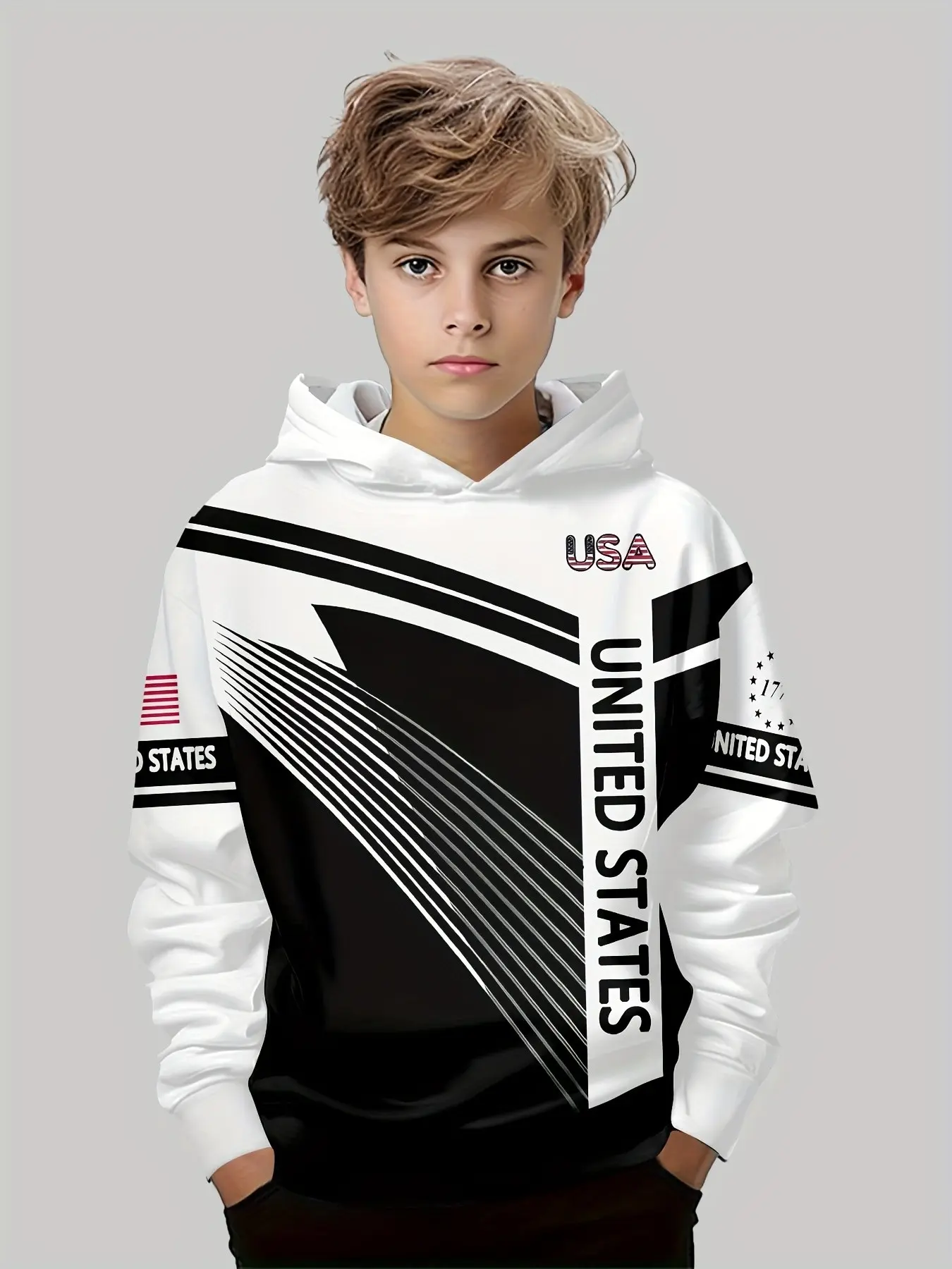 Boy Casual Pullover Sweatshirt, Usa Colorblock Long Sleeve, Outdoor Hooded Jacket, Kids Daily Wear, Fall & Winter Fashion, Graphic Casual Hoodie