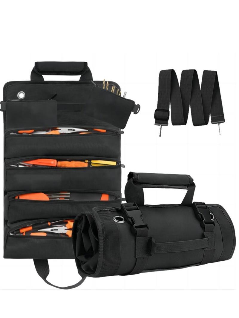 Black Portable Foldable Nylon Tool Bag, Convenient Tool Pockets, Multi-grid Zipper Tool Organizer with Removable Zipper Bags, Portable Tool Storage Bag for Home for Father's Day Gift, Tool Storage Kit