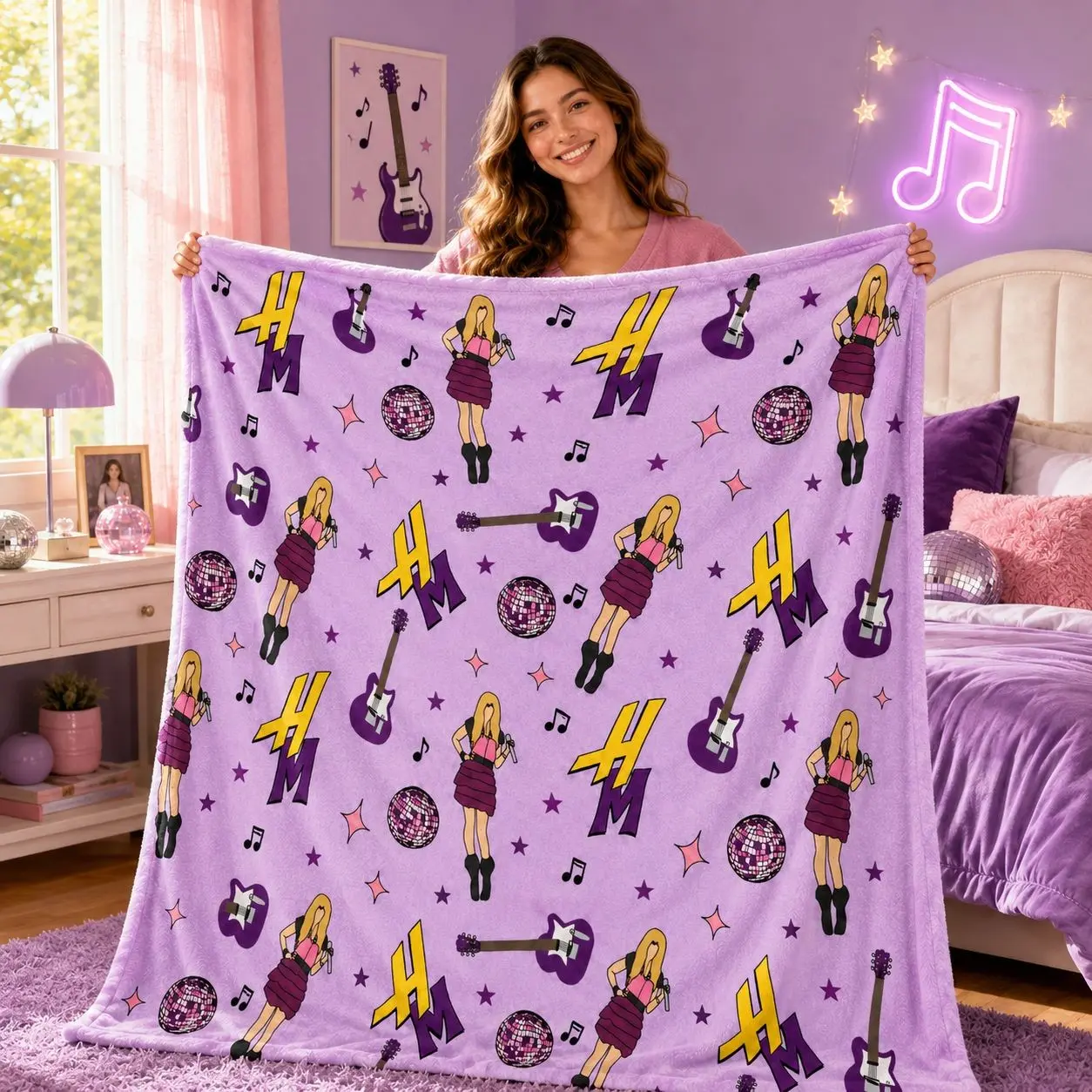 1pc Purple Music Girl Rock Flannel Blanket, Singer Guitar Notes Disco Ball Star Print, Soft Warm Throw for Sofa Bed Office Camping Travel Birthday Christmas Gift