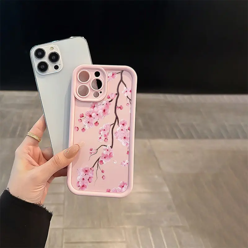 Pink Cherry Blossom Branch Design TPU Phone Case - Shock-Resistant, Non-Slip, Full Camera Lens Coverage, Compatible with iPhone 11-17, X/XS & Other Series, Smartphone Cellphone Handheld Device Protection, Ideal Gift for Friends/Family, Devices