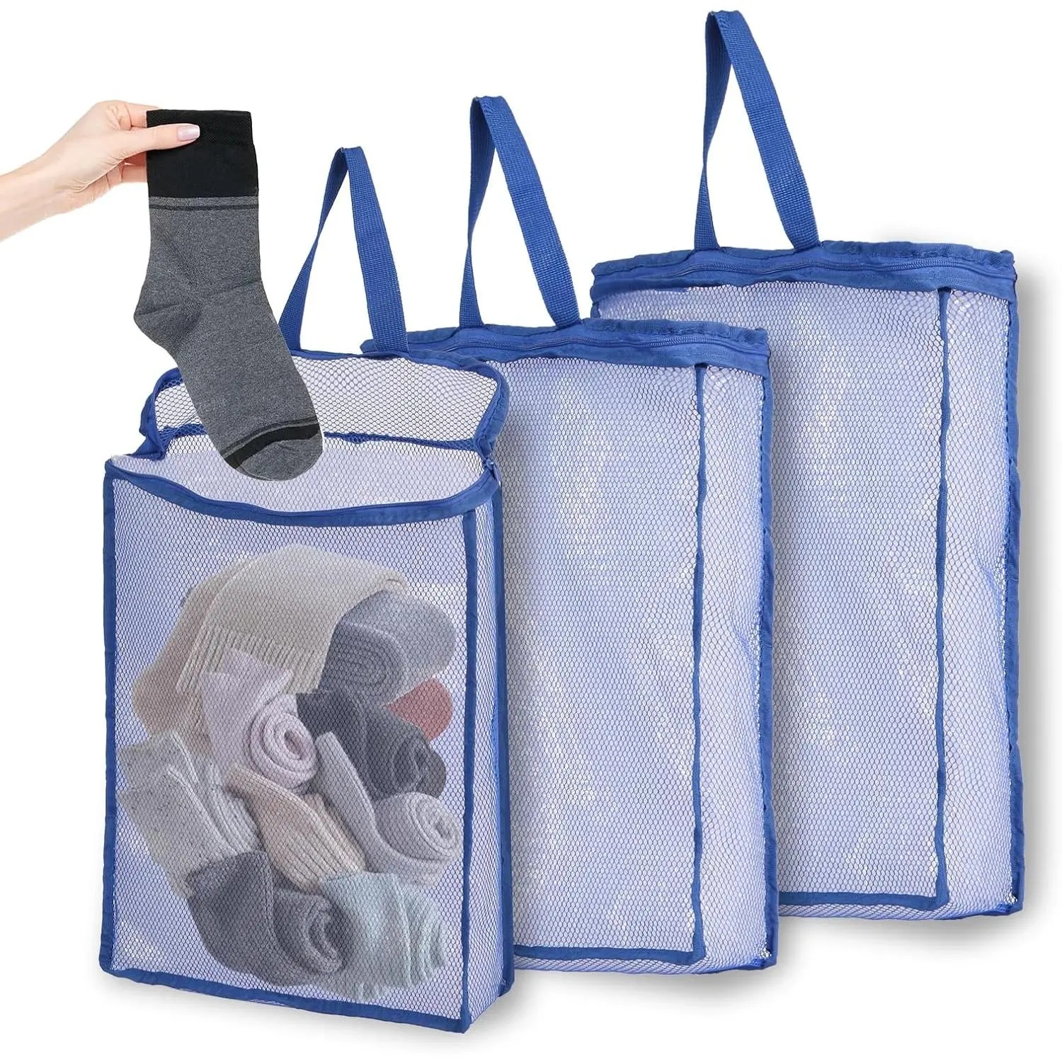 3-Pack  Cube Mesh Laundry Bags S/M/L with S-Hooks, Zippered Blue | Extra deep 3 sizes: 8x12x3, 12x16x3, 16x20x4 in | Travel, , camping | Zippered mesh | S-hooks for easy