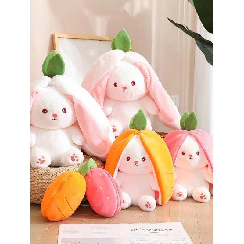 Reversible Strawberry Bunny Plush Toy, 2-in-1 Transformable Cute Rabbit Stuffed Doll, Kawaii Food Animal Plushie Gift for Kids