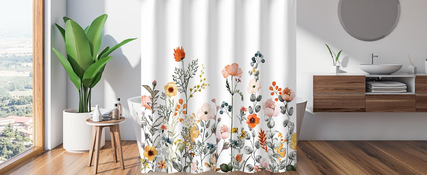 Floral Shower Curtains for Bathroom Flower Pretty Fabric Colorful Wildflower Flowered Shower Curtain with 12 Hooks Decorative Machine Washable, 72" W x 72" H