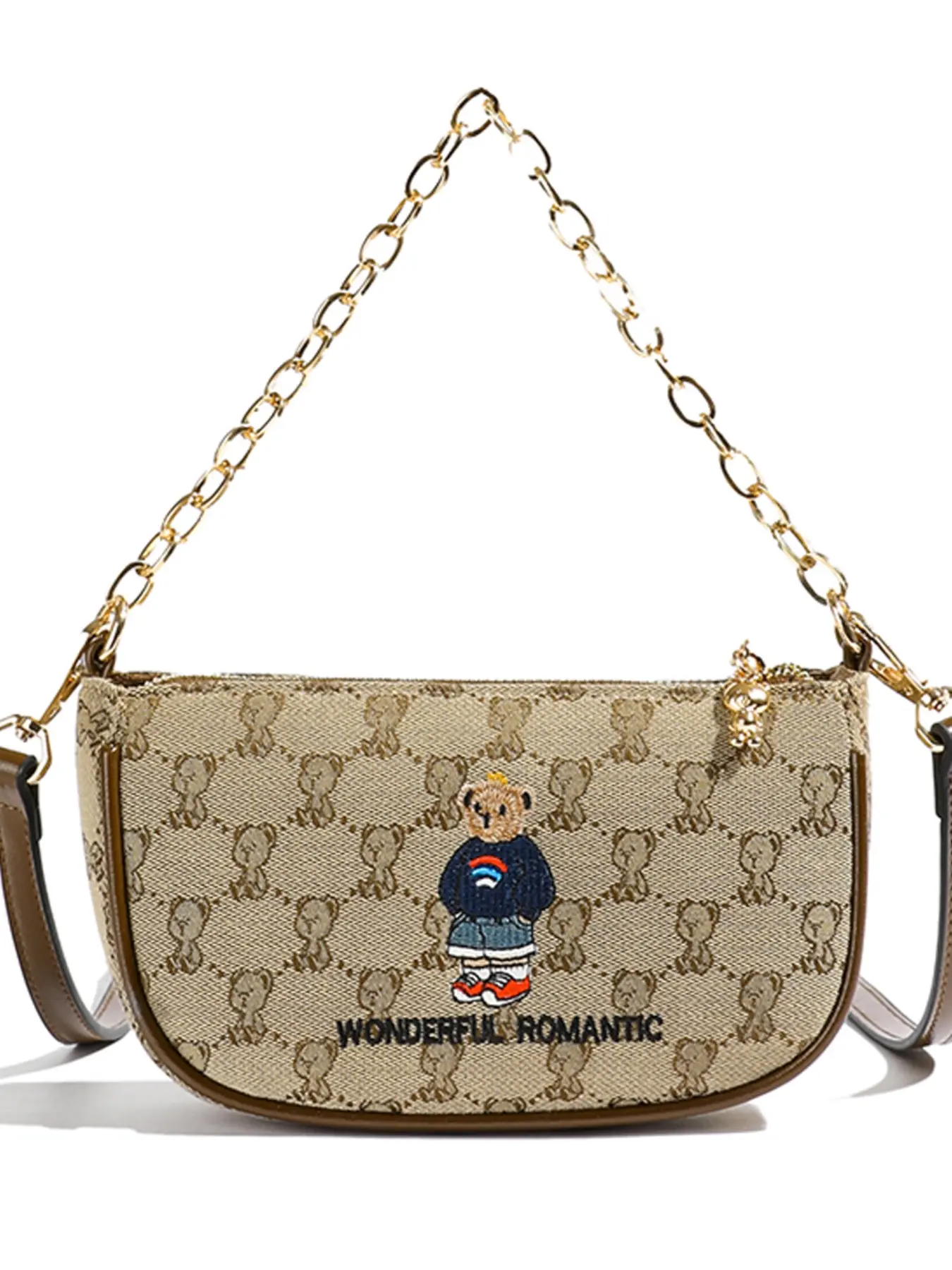 Women Vintage All Over Bear Pattern Hobo Crossbody Bag, Cute Embroidery Bear Mini Baguette Purse With Detachable Chain & Adjustable Shoulder Strap, Fashion Canvas Shoulder Handbag For Daily Travel