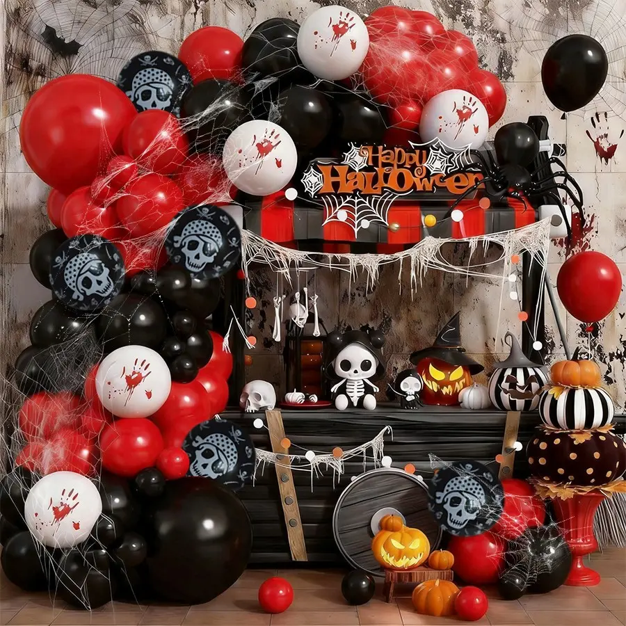 114pcs Halloween Balloon Garland Arch Kit, Latex Balloons, Bloody Handprint & Pirate Skull, DIY Spider Web Decor, Indoor Outdoor, Balloon Decorations Kit