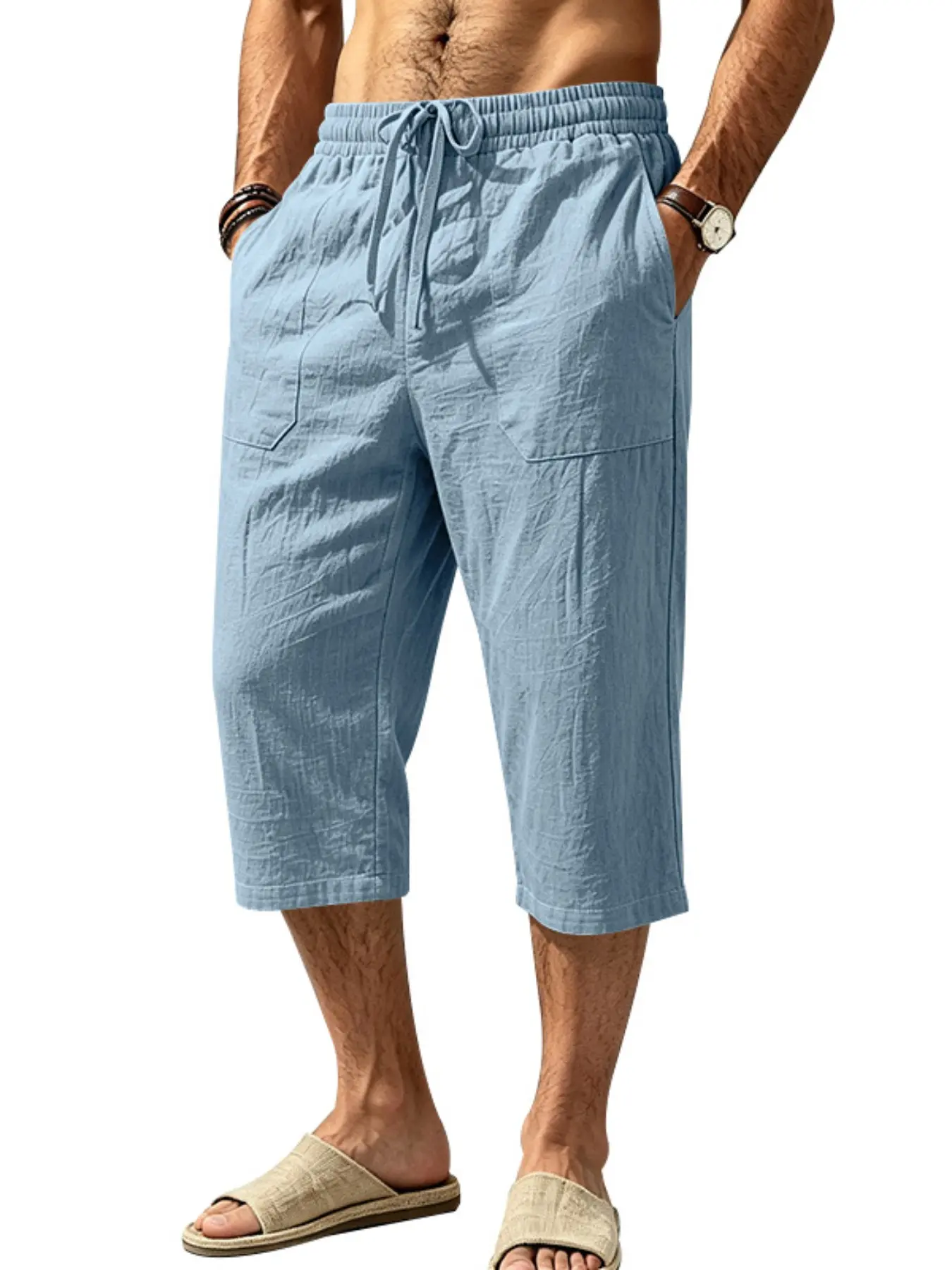 Men's Linen Capri Cropped Pants, Elastic Drawstring Waistband, Side Pockets Loose Fit 3/4 Length Trousers, Breathable Lightweight Summer Casual Pants For Beach Walking Travel Daily Outdoor Wear