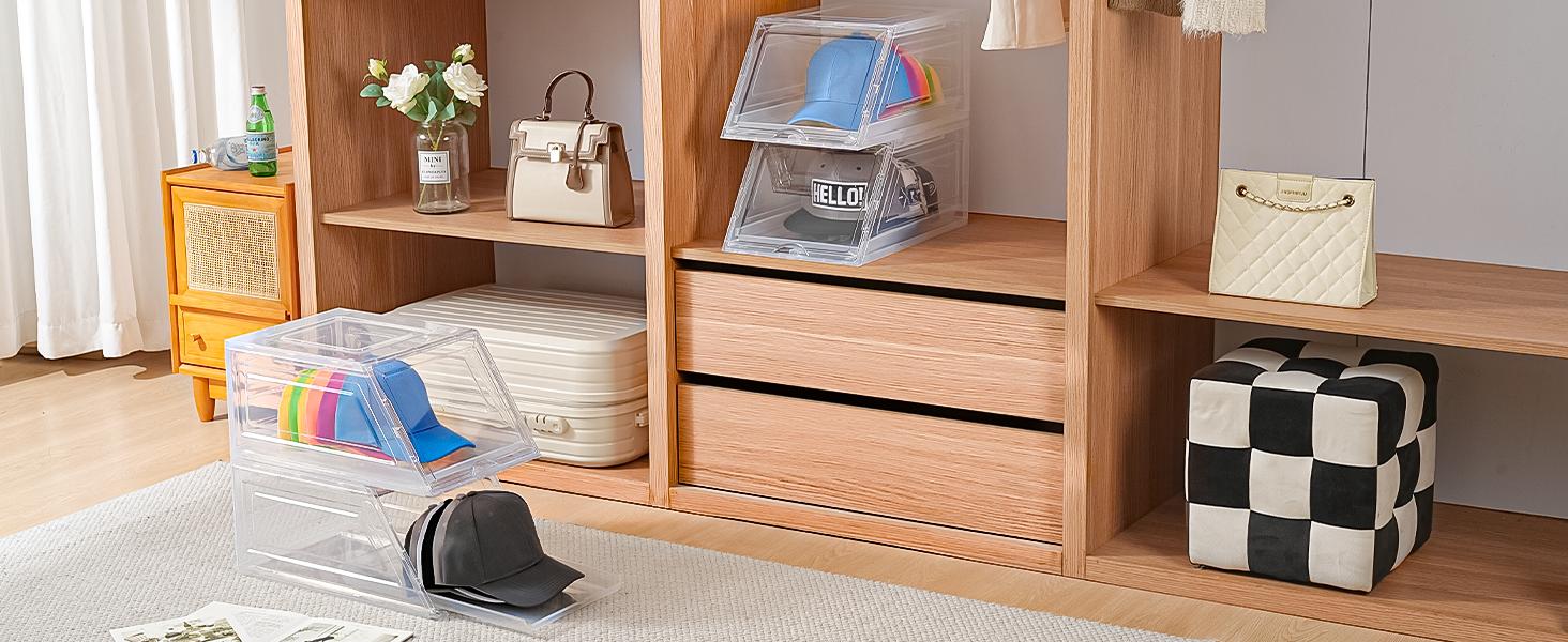 2 Pack Stackable Hat Organizer for Baseball Caps, Large Clear Hat Holder with Sliding Drawer, Hat Storage Box with Door, Baseball Cap Organizer