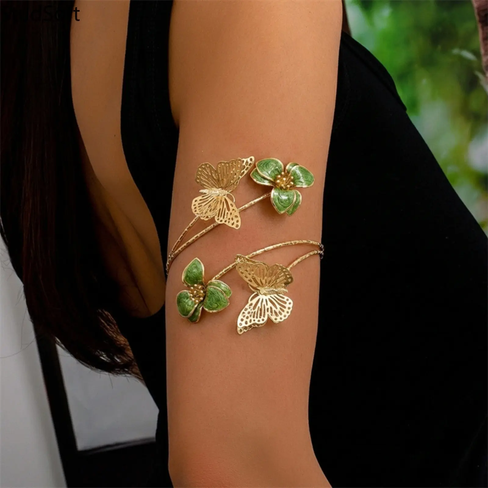 Female French Enamel Flower Arm Cuff, Gold Hollow Butterfly Upper Armlet, High-Quality Adjustable Body Jewelry for Party, Women's Festival Gift