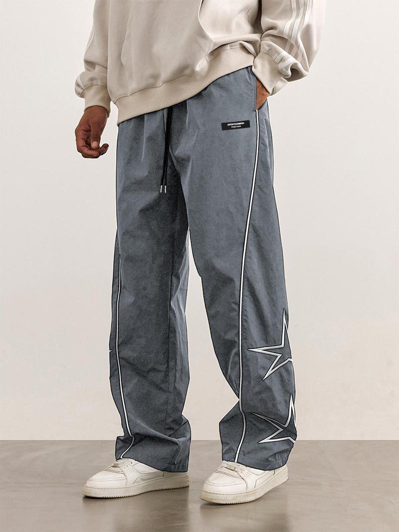 Men's Loose Star Print Drawstring Waist Wide Leg Pants, Casual Pocket Trousers, Casual Streetwear Trousers for Daily Wear, Woven Bottoms for All Seasons, National Day Offers