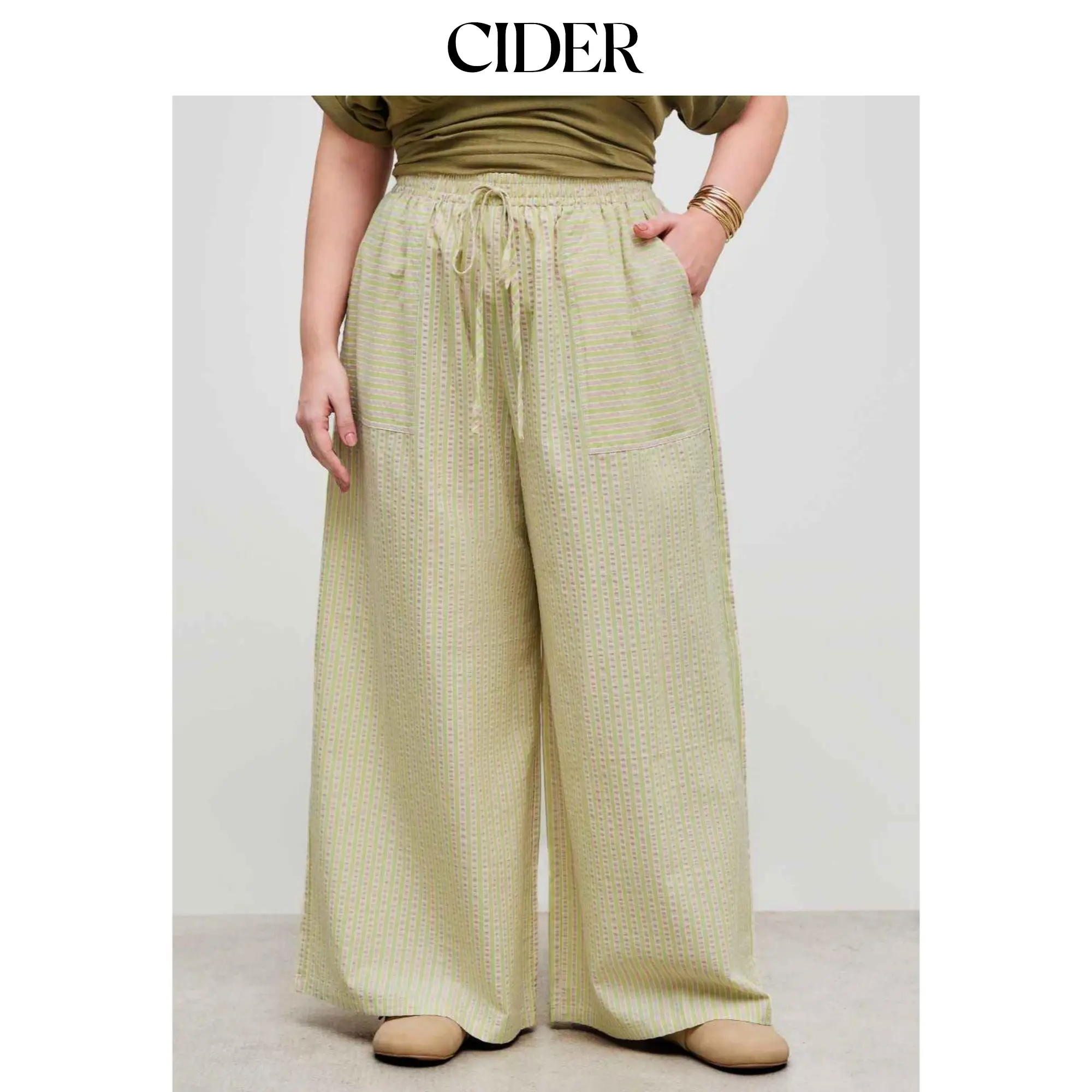 Cider [5 colors, size 0-26] Woven Mid Rise Elastic Waist Striped Pocket Wide Leg Trousers