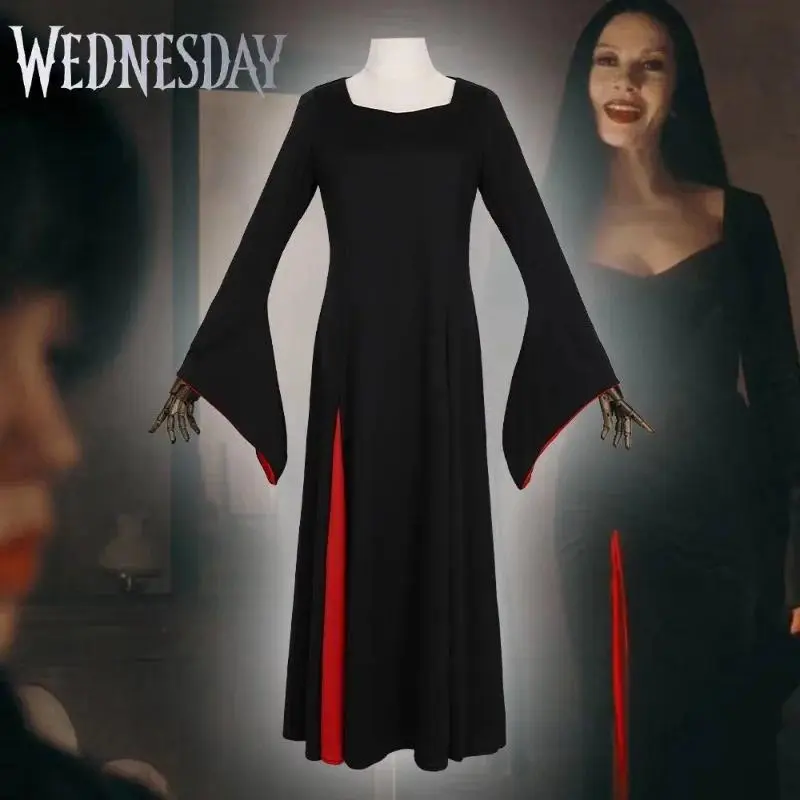 Halloween Adams Cosplay Costume Girl Black Dress Full Set Wednesday Morticia Cosplay Set Halloween Carnival Party