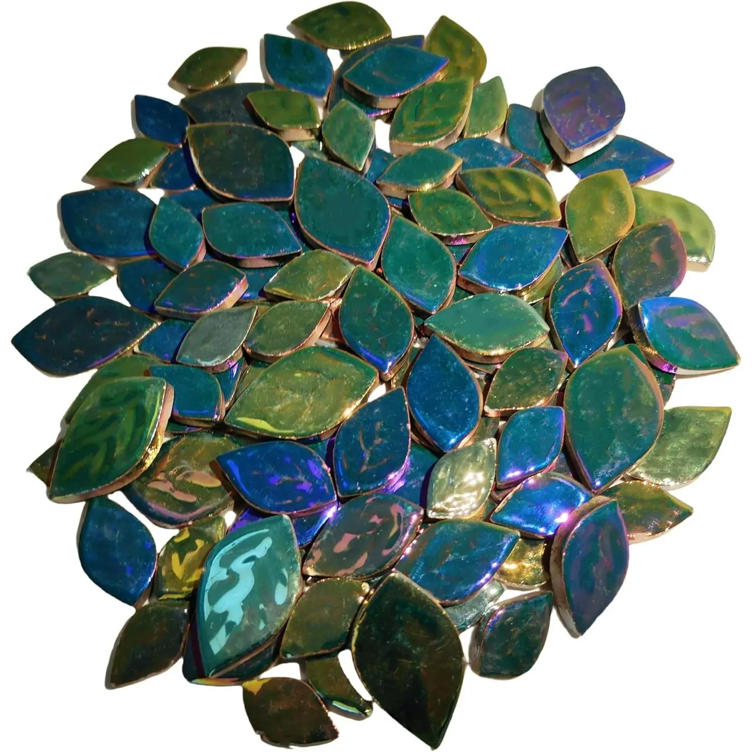 1.1LB Iridescent Leaves Ceramic Mosaic Tiles 3 Size Creative Mosaic Pieces for DIY Craft Mosaic Making Supplies for Flowerpots Vases Cups Garden Decor Peacock Green