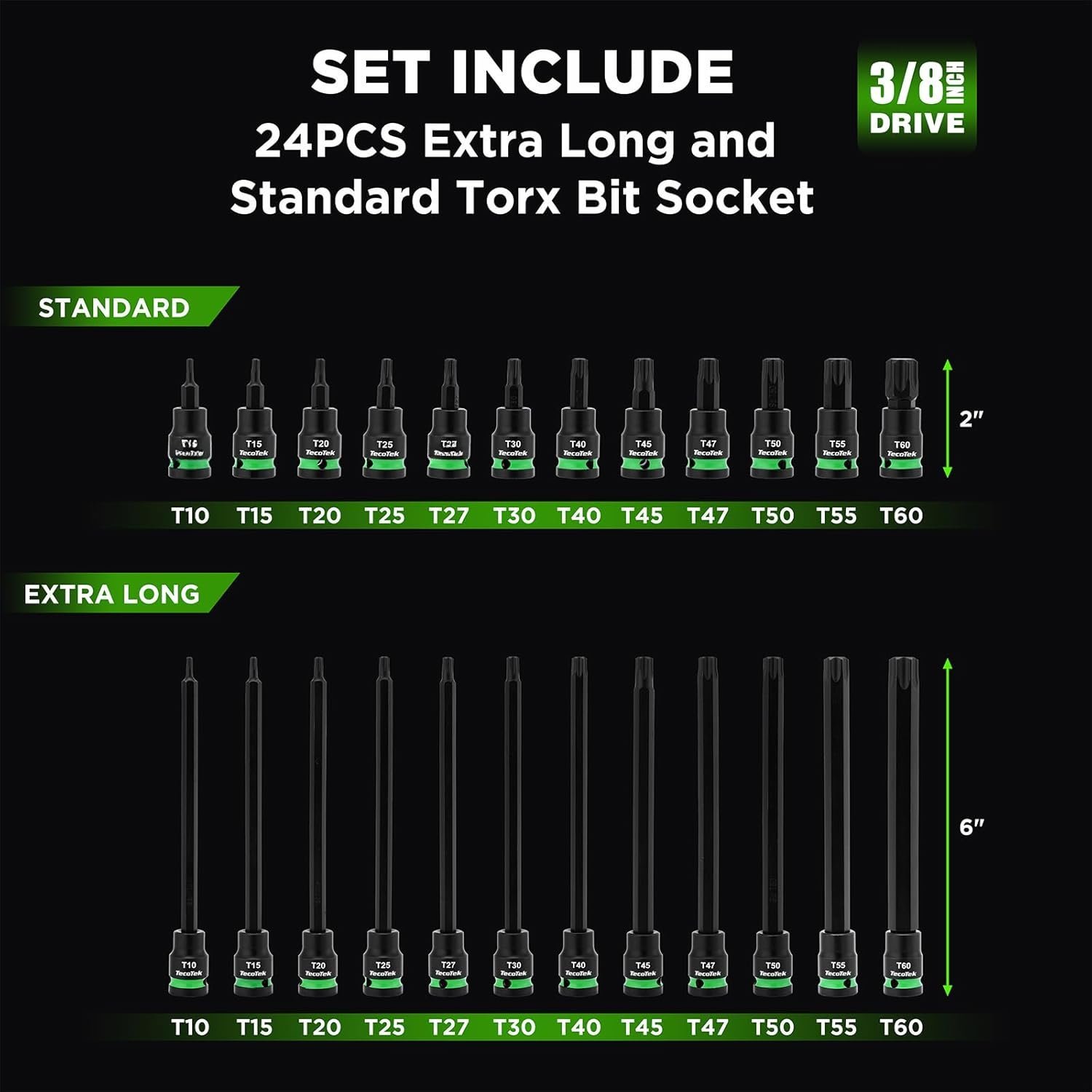 3/8" Drive Impact Torx Bit Socket Set, Extra Long Torx Socket, S2 Alloy Steel Bit Sockets, 24 count Bit Set, T10-T60, 2in & 6in Long, CR-V & S2 Alloy Steel Set, Enhanced Storage Case 3/8" Drive Impact Torx Bit Socket Set, Extra Long Torx Socket, S2 Alloy Steel Bit Sockets, 24 count Bit Set, T10-T60, 2in & 6in Long, CR-V & S2 Alloy Steel Set, Enhanced Storage Case