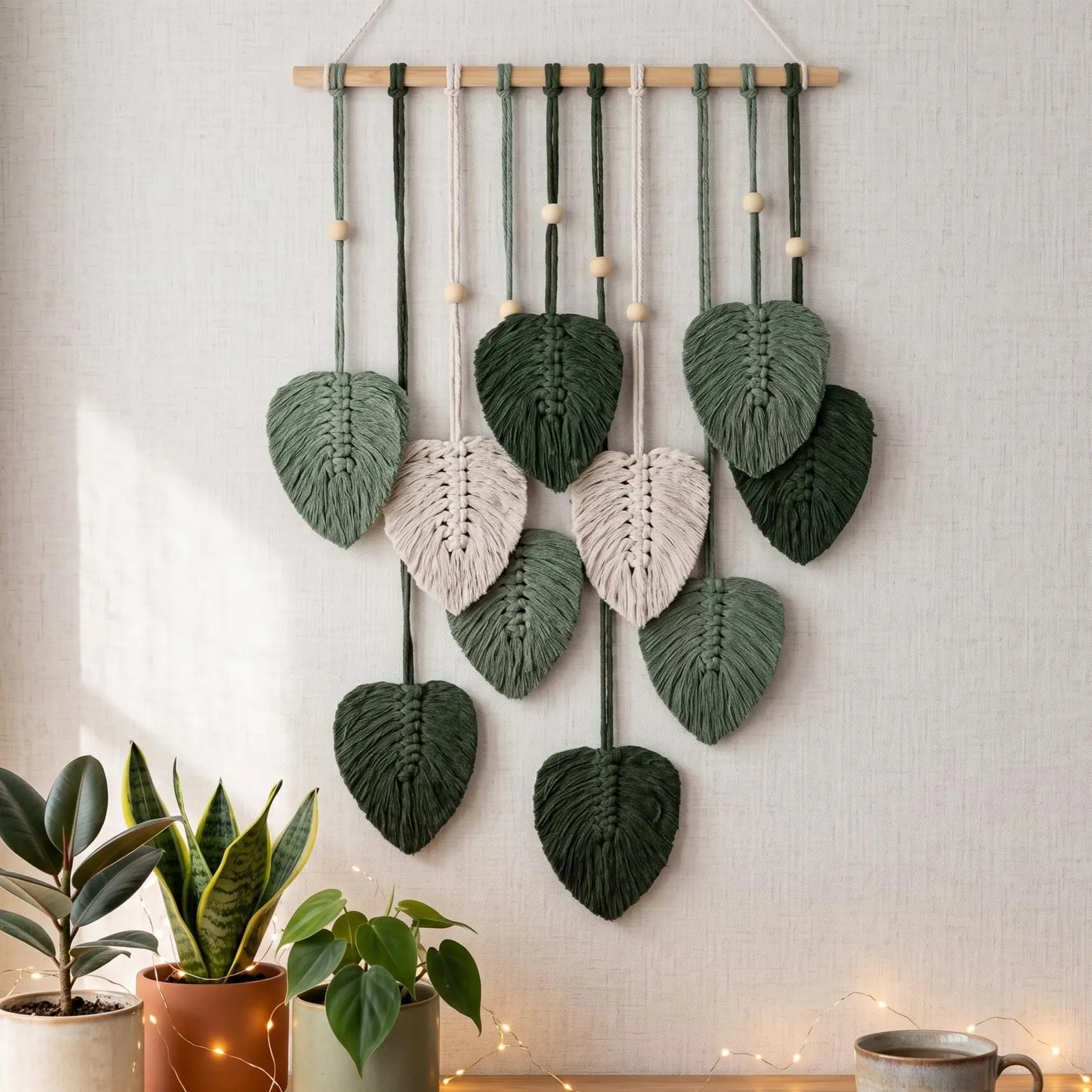 Handmade 39x15in Cotton Macrame Leaf Wall Decor - Hangable Light Bohemian Woven Tapestry with Natural Wood Beads, Chic Accent for Above Bed or Sofa, Housewarming Gift, Asmr