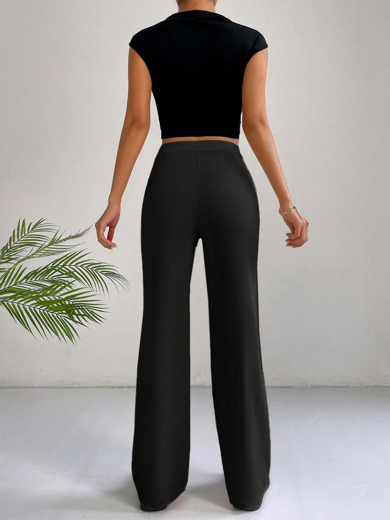 Women's Plain High-Waist Straight-Leg Pants, Casual Lounge Pants, Comfy Zipper Trousers for Daily Wear, Ladies Button Bottoms for All Seasons