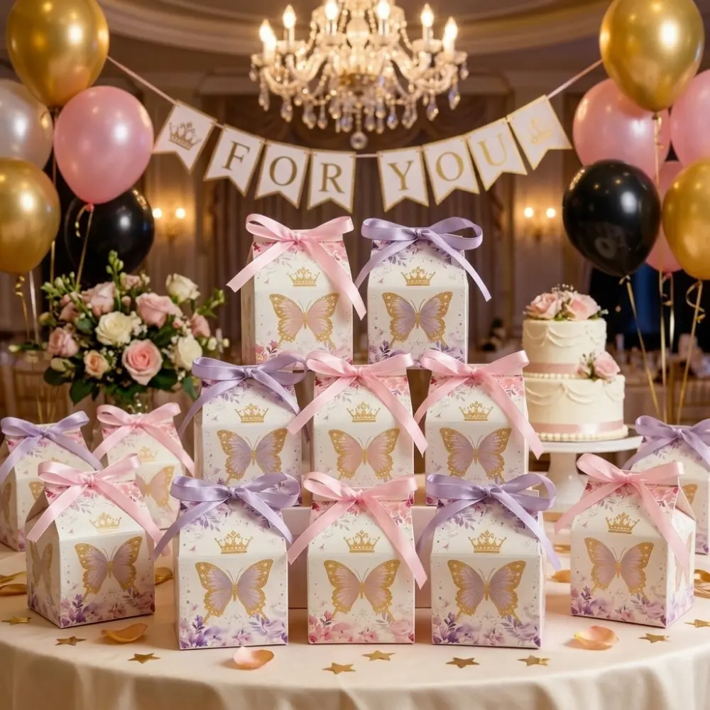 20 pcs Elegant Butterfly Flower Paper Gift Boxes With Ribbons Crown Candy Containers Sturdy Cardboard Candy Boxes Ideal For Wedding Favors Birthday Parties Baby Showers Anniversaries Tea Parties Deluxe Gift Box