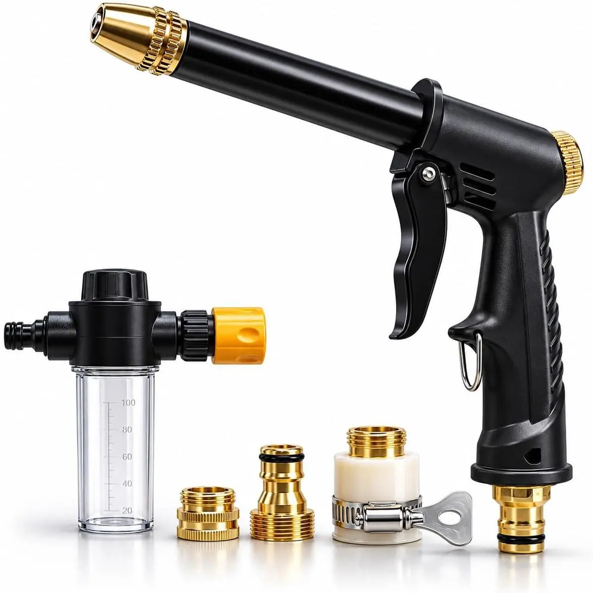 Heavy Duty Metal High Pressure Garden Hose Nozzle with Soap Dispenser Bottle, 3 Adjustable Spray Modes Water Sprayer Nozzle for Car Washing Driveway Patio Lawn Outdoor Cleaning