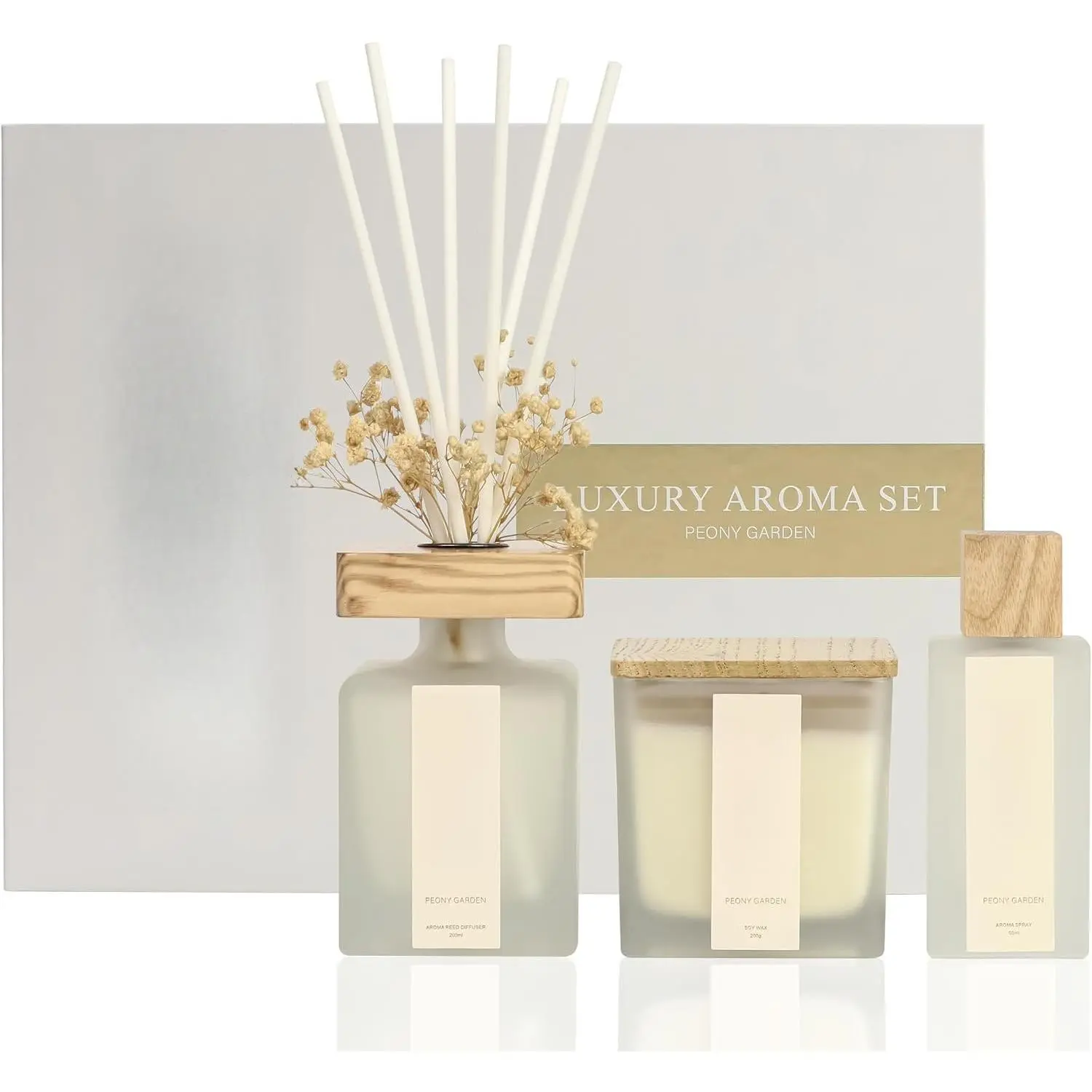 Luxury Aroma  Set | Peony Garden - Reed Diffuser (200ml),  Wick Soy Candle (200g), Room  (50ml) | Includes Dried  & 8 Reeds | Luxurious   for  Decor & Gifts