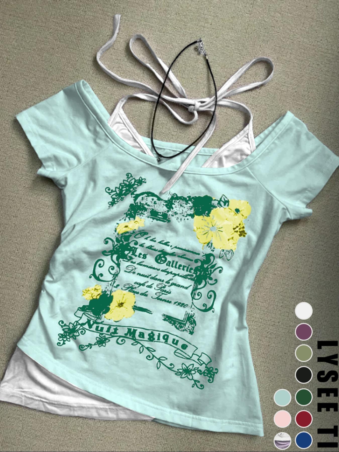 Women's 2 in 1 Floral & Letter Print  Halter Tee, Y2k Casual Top for Summer, Ladies Clothes for Daily Wear