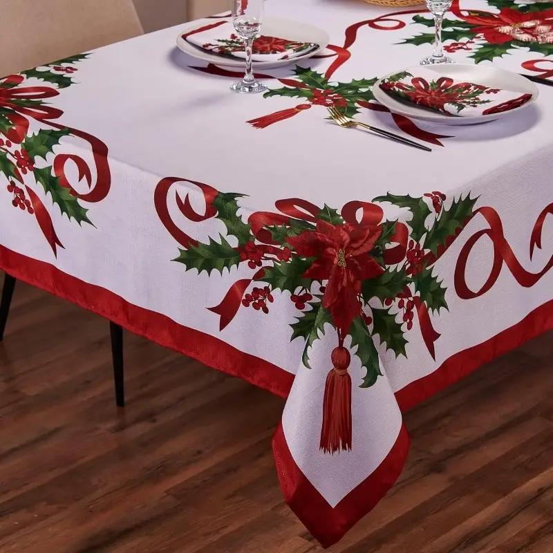 Rectangular Christmas Tablecloth with Poinsettia Design, Festive Holiday Decor for Dinner Parties & Celebrations, Perfect for New Year Events