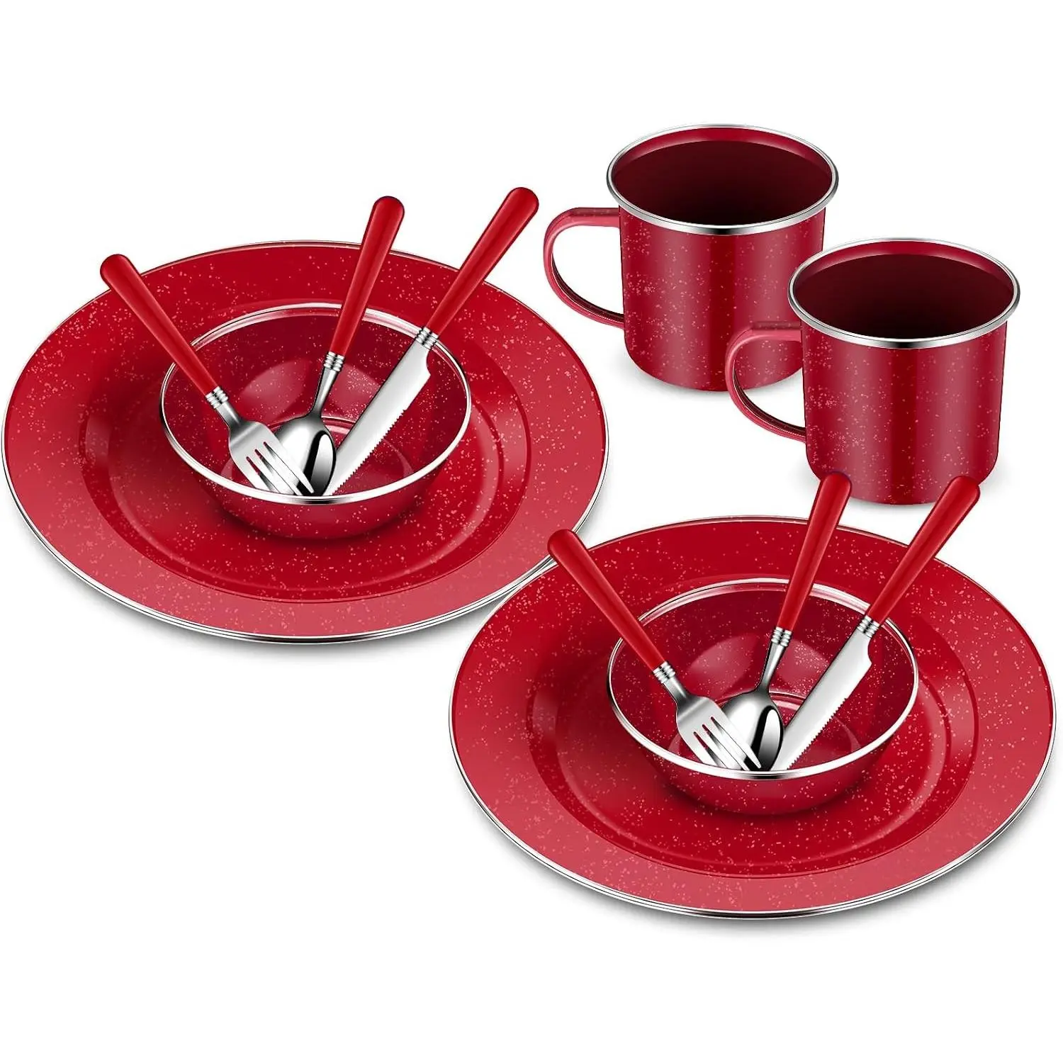 12 Pcs Enamel Camping Tableware Set for 2 People - 12 oz Coffee Mugs, Plates, Bowls, Knife, Fork, Spoon Utensils Kit for Outdoor Picnics, Hiking