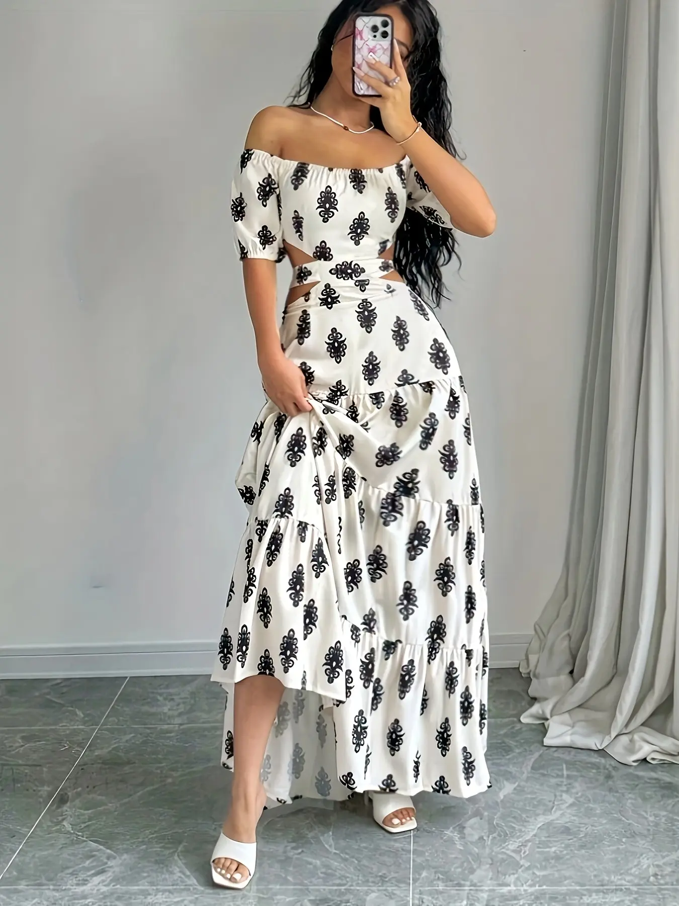 Women's Geometric Print Halter Neck Short Sleeve Dress, Elegant Hollow Out Waist Design, Tropical Vacation Style, Fashionable Summer Dress