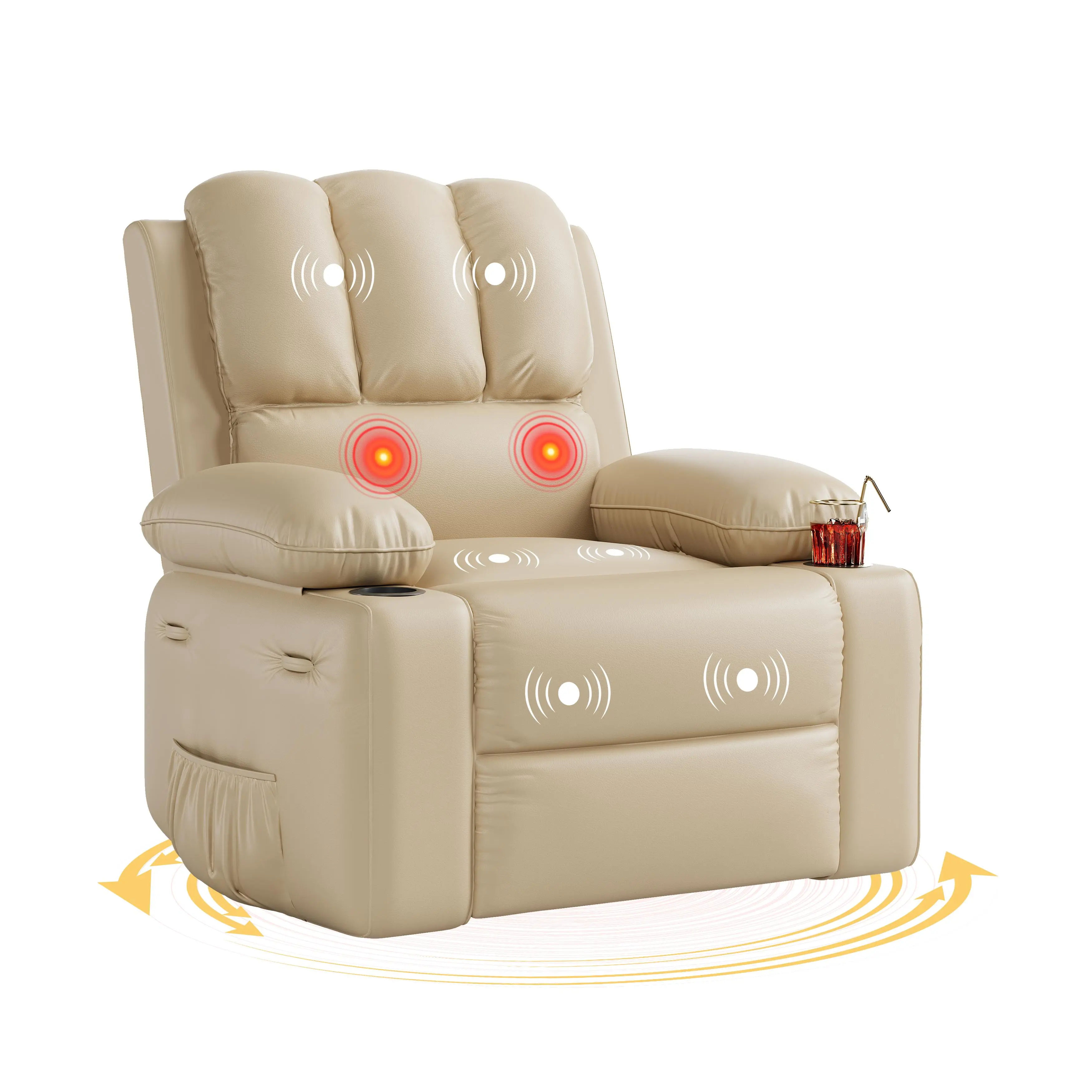 Rocking Recliner Chair, Small Swivel Rocker Massage Chair with Heat and Vibration Massage, Leather Nursery Recliner Lazy Boy Single Sofa Seat with Cup Holder for Living Room