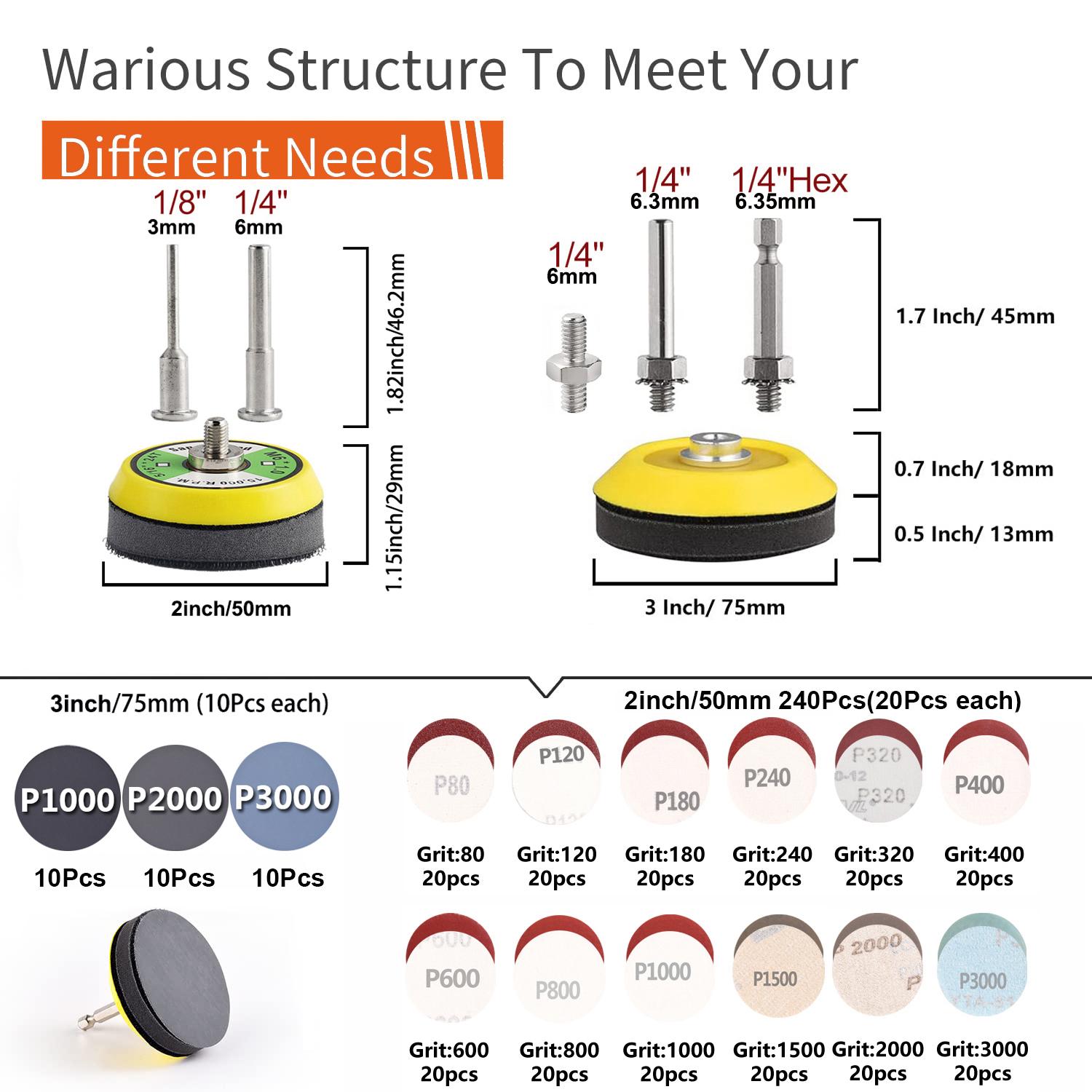 2/3 Inch Versatile Sanding Discs Pad Pack, Sanding Pads with 1/8" & 1/4" Shank Backer Plate, Abrasive & Finishing Products for Drill Sanding Grinding Rotary Tools, Power Tools