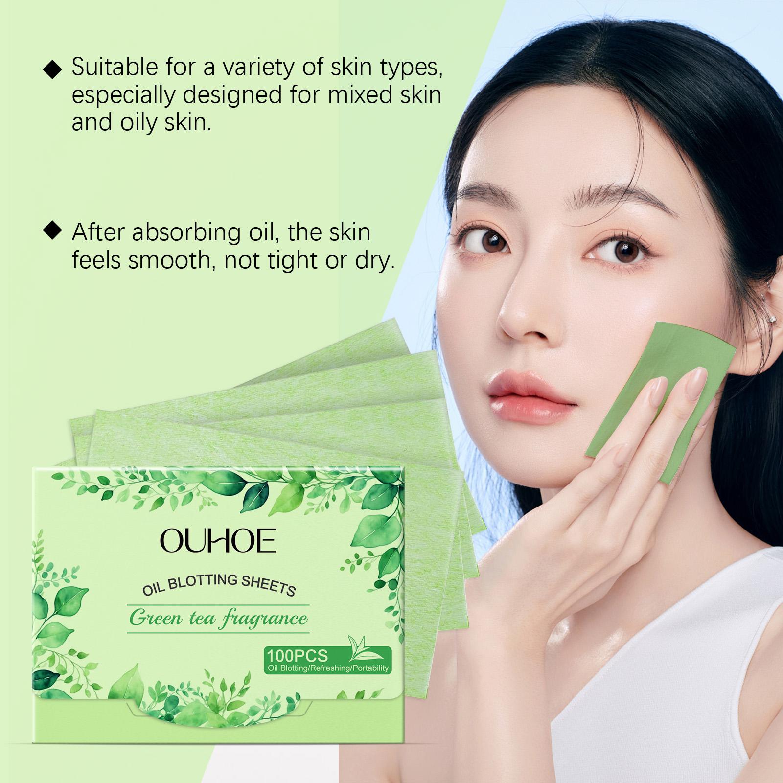 OUHOE Oil Blotting Sheets, Double Oil Control with Cellulose & Kaolin, Green Tea + Vitamin E Antioxidant Care, Makeup-Friendly No Powder Removal, Soft Non-Irritating for Oily Skin, Daily Summer Essential