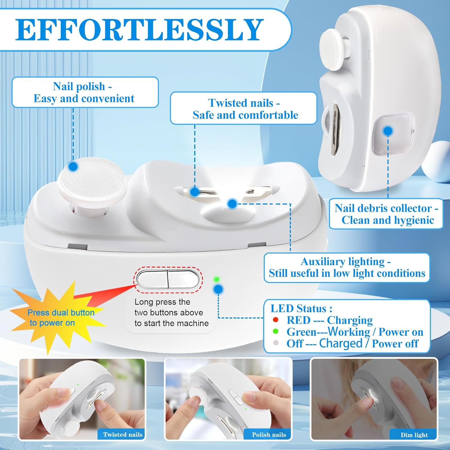 Compact Electric Nail Clipper, 2 in 1 Rechargeable Polishing Automatic Nail Clippers, Nail Trimmer with Light & Nail Scraps Storage, Manicure Tool for Home & Travel, Nail Supplies, White