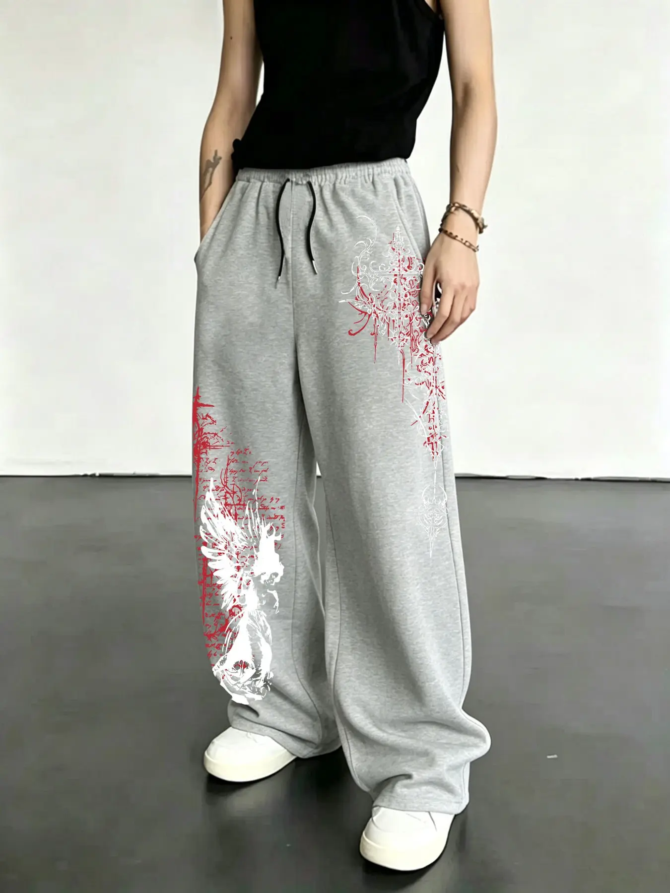 Men's Street Style Long Pants, High Street Dark Color Thorn Print Straight Leg Sweatpants, Loose Fit Casual Sporty Trousers, Uncuffed Sweatpants
