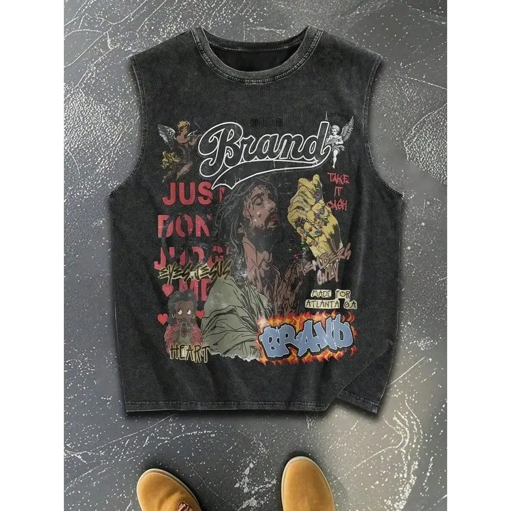 Unisex Vintage Washed Sleeveless T-shirt Retro Graffiti Jesus Angel Flame Letter Collage Graphic Tank Top Street Hip Hop Multi Print Oversized Loose Crew Neck Vest Casual Outdoor Street Fashion T-shirt For Men Women Daily Summer Basic T Shirt Trendy Urban