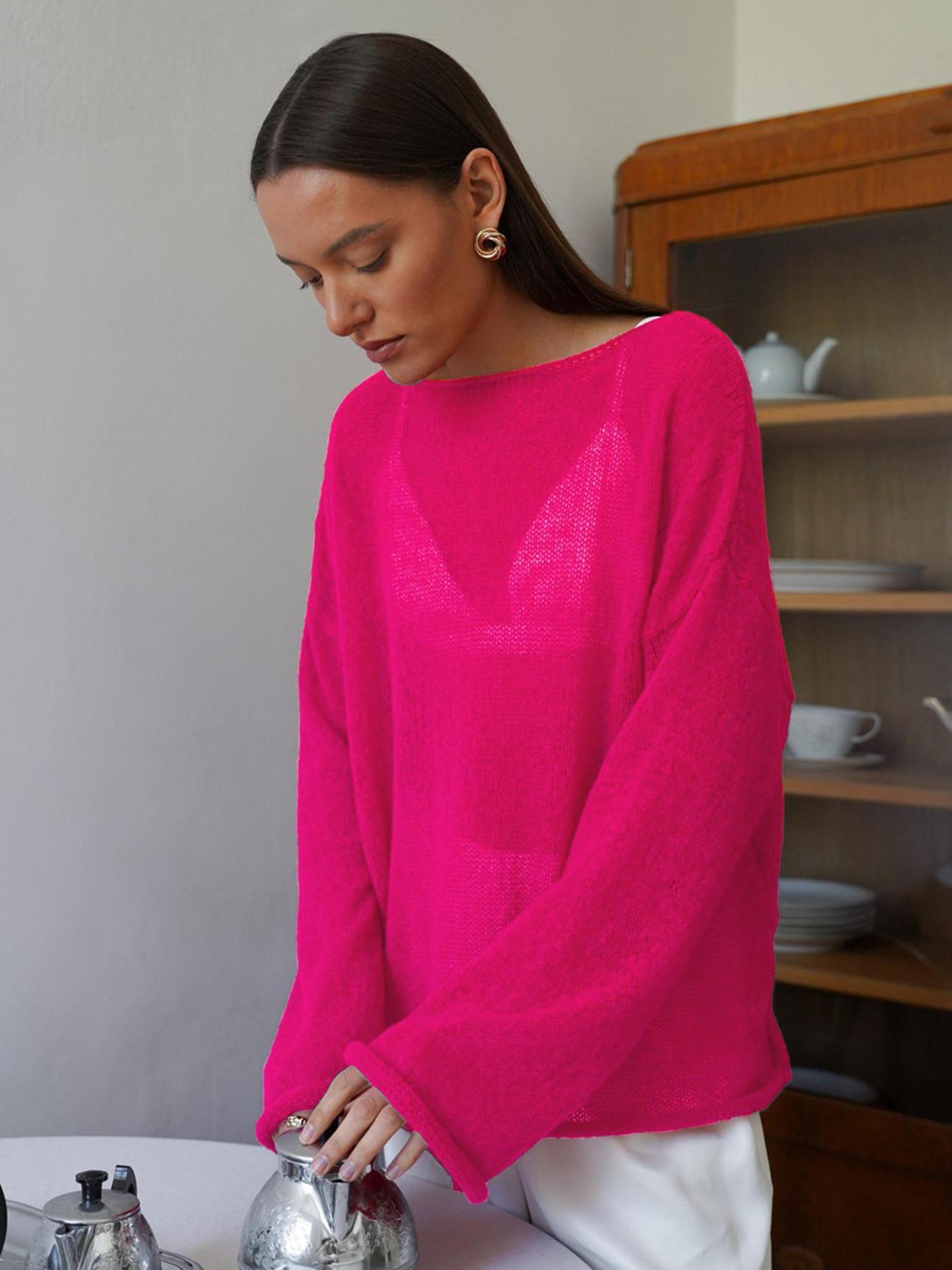 Women's Sheer Thin Spring Summer Loose-Fit Plaid Hollow Out Sweater Pullover, Casual Round Neck Batwing Sleeve Knitwear for All Seasons