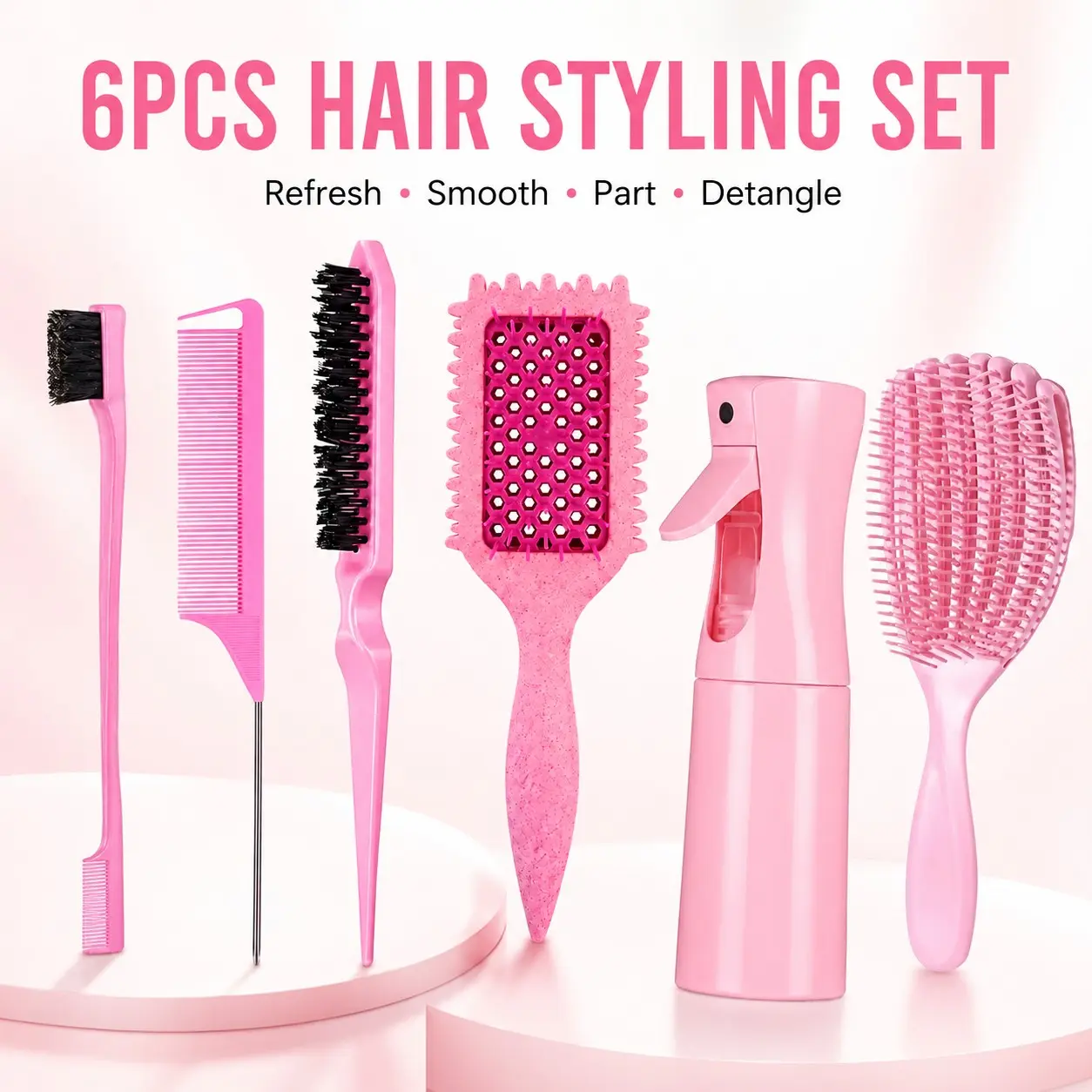 6PCS Hair Styling Set with Mist Spray Bottle, Detangling Brush, Edge Brush, Rat Tail Comb & Teasing Brush for Smooth Edges, Parting, Detangling, Braids, Ponytails & Everyday Styling Hair Styling Tools