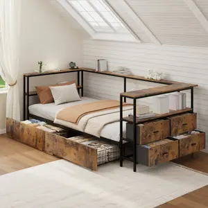 Twin Size Corner Bed Frame with Storage Drawers,Twin Metal Platform Bed Frame with Charging Station and LED Lights, Twin Daybed Frame for Teens,Adults,Guests, Dark Brown
