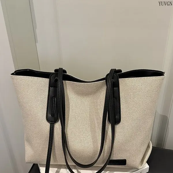 Large Contrast Trim Canvas Tote Bag, Casual Double Handle Shoulder Purse for Women, High-Capacity for Work, Gym, and Daily Commuting, Daily Use, Open Top tiktokshopbacktoschool, Tote Bags For School, Shoulder Bag