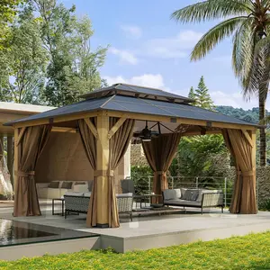 Aoxun 12' x 16' Cedar Wood Outdoor Patio Gazebo, Permanent Hardtop Pavilion with Double Polycarbonate Top, 20" Ceiling Fan with Light, Netting and Curtain for Garden, Gazebo Outdoor Patio