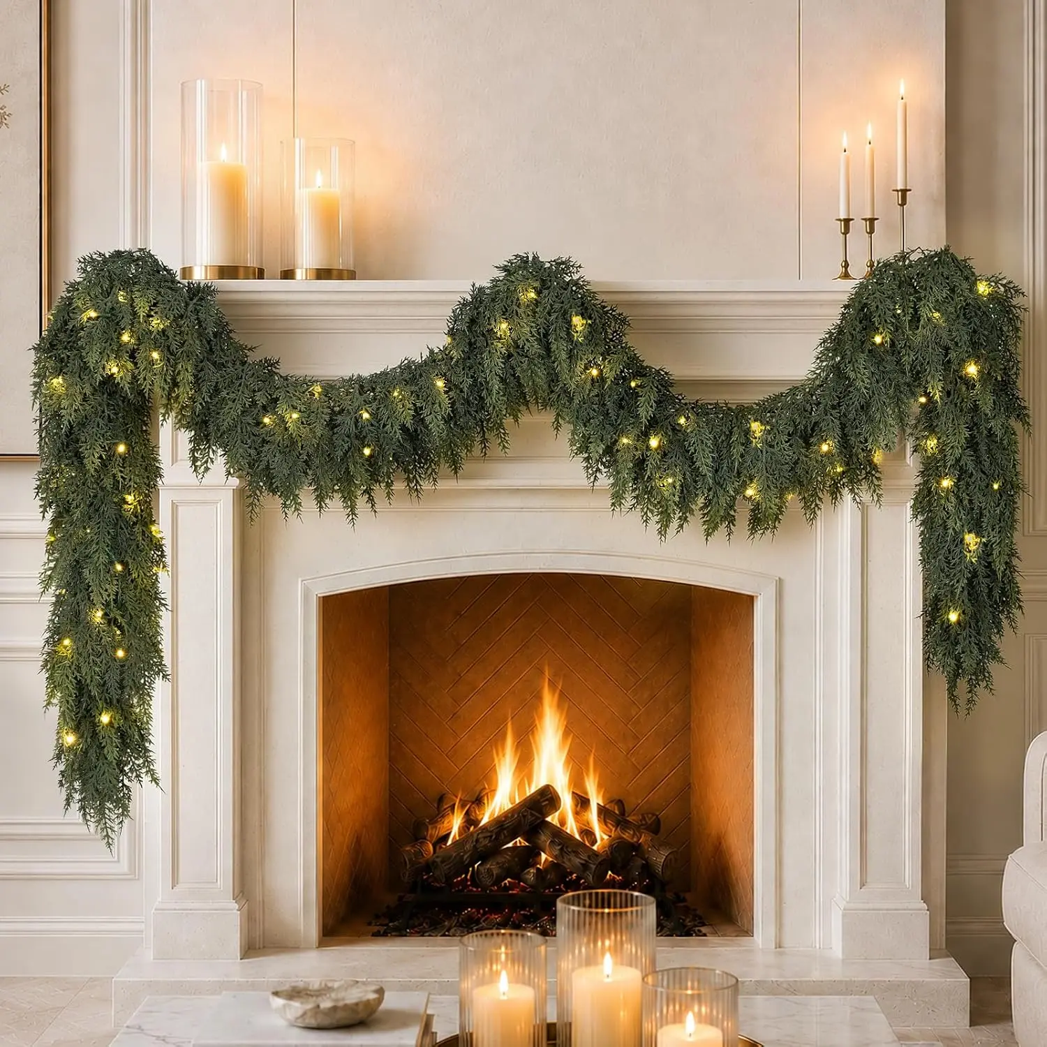 2 Pack 6/9FT Christmas Cedar Garland with Lights Prelit Pine Garland Christmas Decor