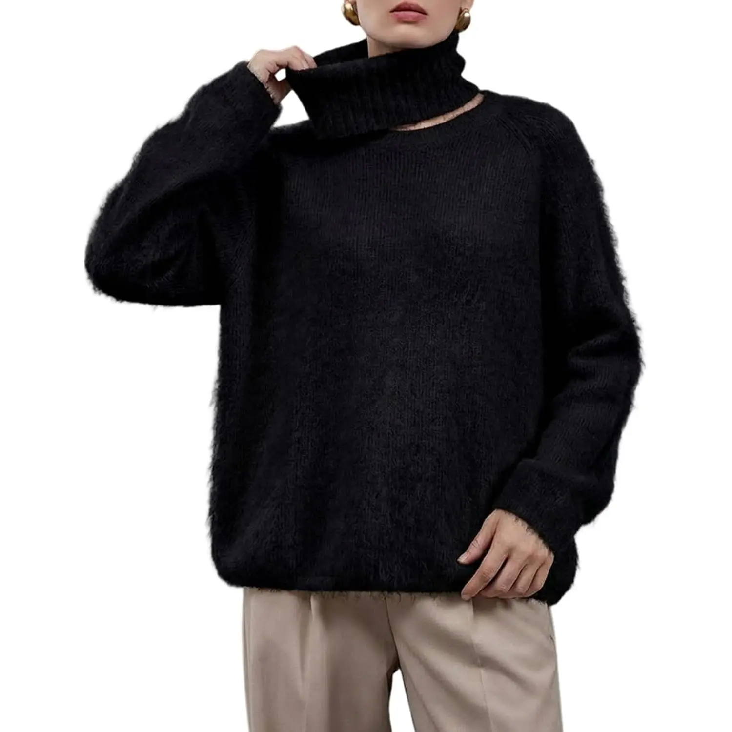 Arssm Women's Fuzzy Sweater Cozy Sweaters Crew Neck Soft Fall Knit Pullover with Detachable Turtleneck