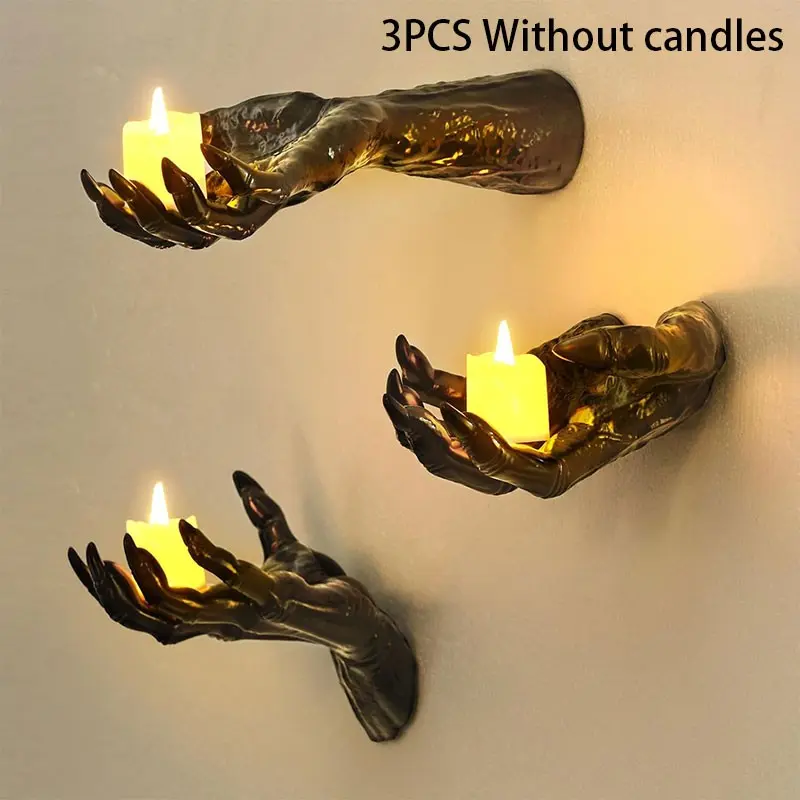 Halloween Gothic Wall Decor Set, 3-Piece Hanging Spooky Creepy Reaching Hands with Glowing Candles, Glowing Ambiance, Indoor Gothic Aesthetic Wall Decoration, Party Decorations
