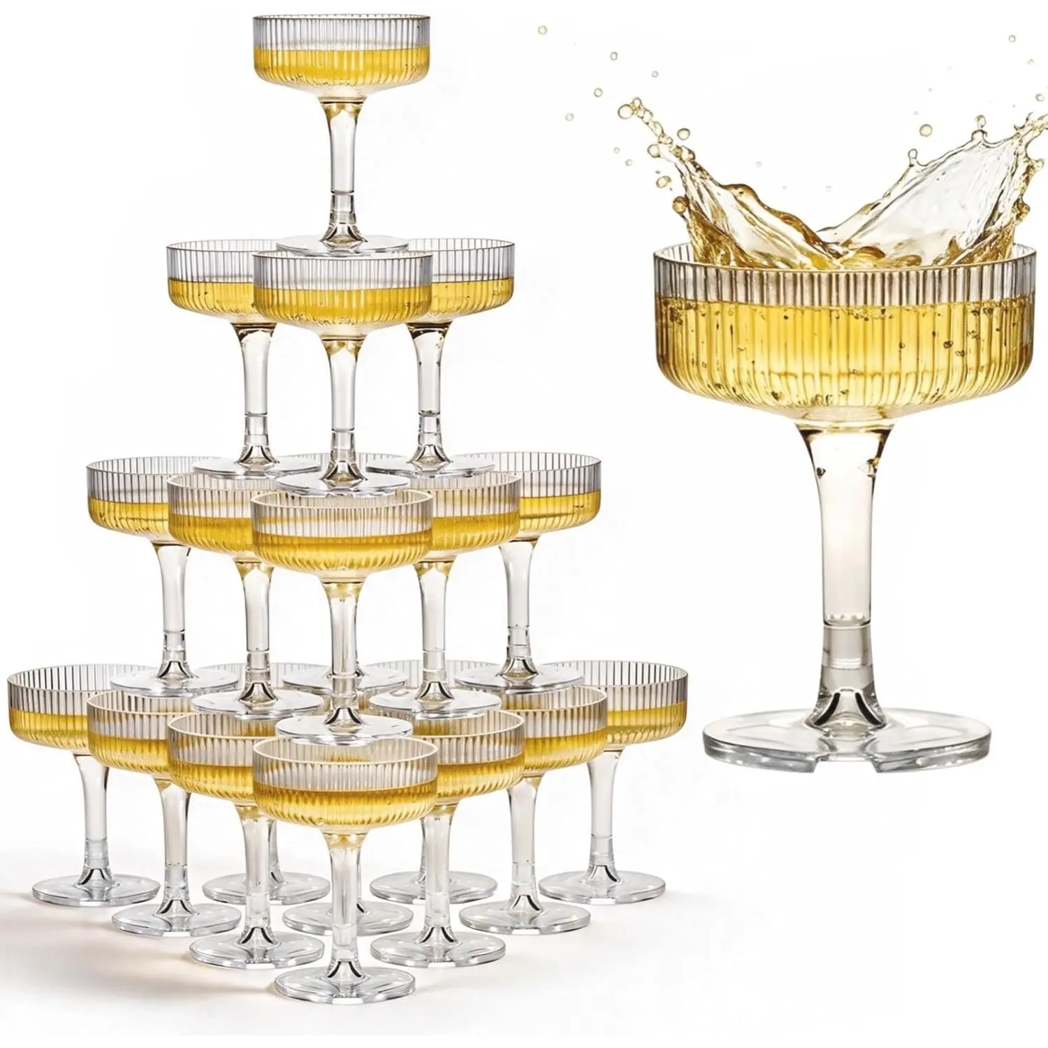 Champagne Tower - 21 Piece 7oz Plastic Champagne Coupes Set – Clear | Stackable Champagne Tower Glasses for Weddings, Parties, Events and Hosting - Shatter-Resistant - BPA-Free