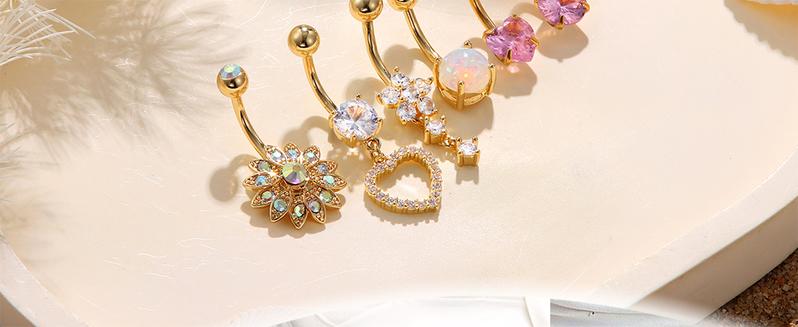 2025 Summer 6PCS Surgical Stainless Steel Dangle Pink Belly Button Rings for Women Heart Flower Cubic Zirconia Dangling Belly Button Piercing Navel Piercings Pack