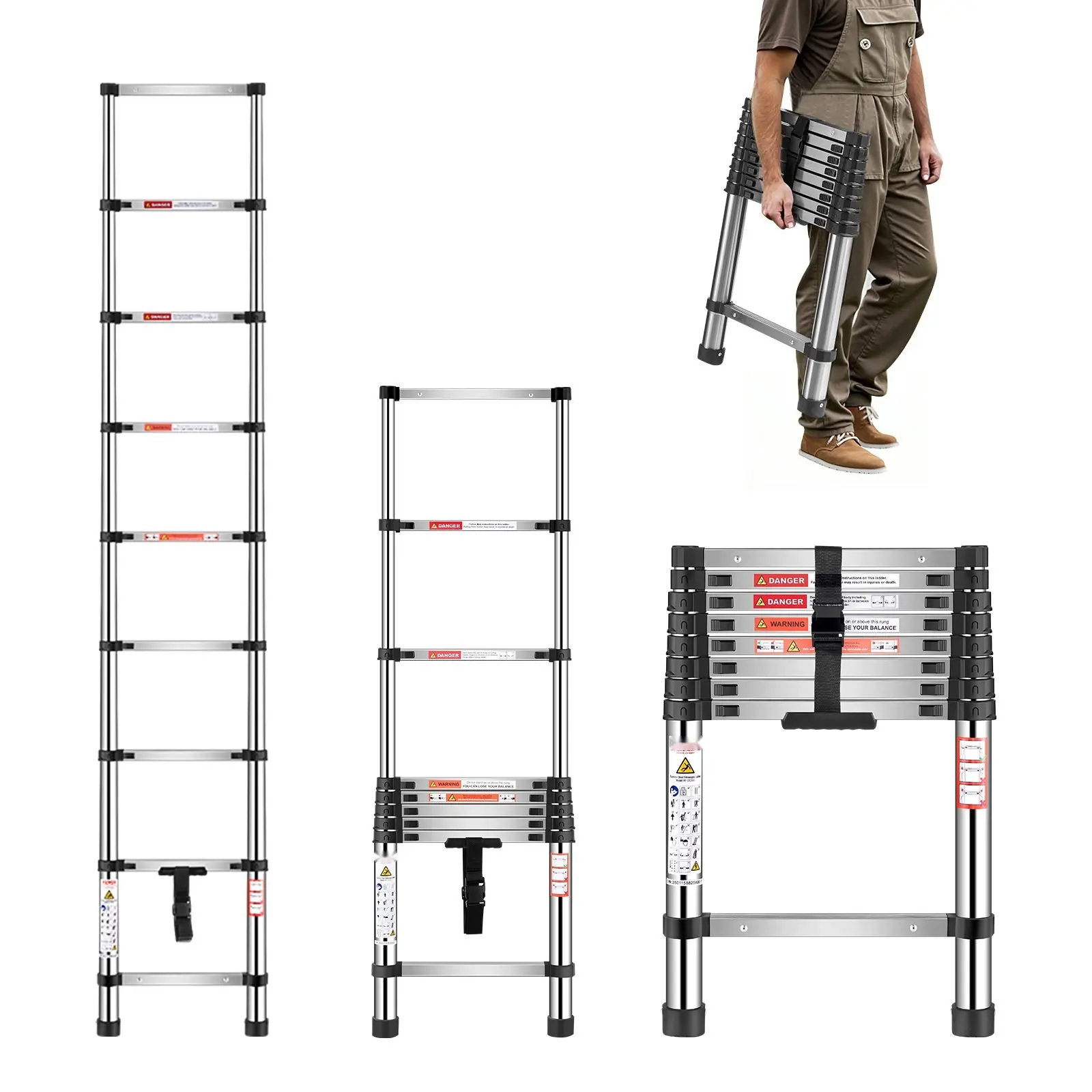 Telescoping Stainless Steel Extension Ladder - 8.5 ft Adjustable Step Ladder, 330 lbs Capacity, Multi-Position Scaffolding, Anti-Slip Feet, Lightweight Compact for DIY Projects, Roofing, Commercial Use, Easy to Store, Outdoor