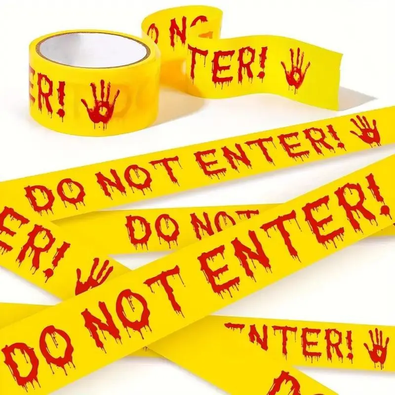 Halloween Warning Tape with Blood Handprint, 82 Feet Plastic Safety Tape, Horror Party Decor, Zombie Fear Accessories, Child Safe, Waterproof