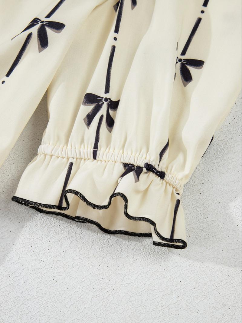 Women's Bowknot Print Bubble Sleeve Dress, Fashion Casual Short Sleeve Dress for Daily Outdoor Wear, Ladies Clothes for All Seasons