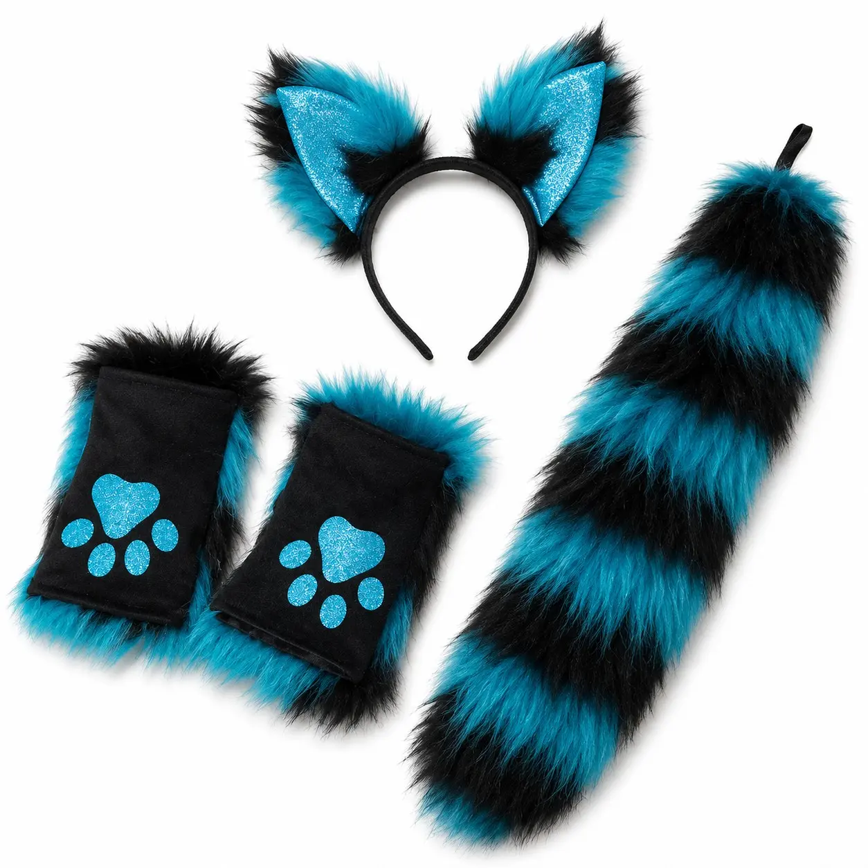 4pcs Blue Furry Animal Costume Set, Cat Ears Headband, Paw Cuffs, Striped Tail, Halloween Cosplay Party Dress Up Accessories
