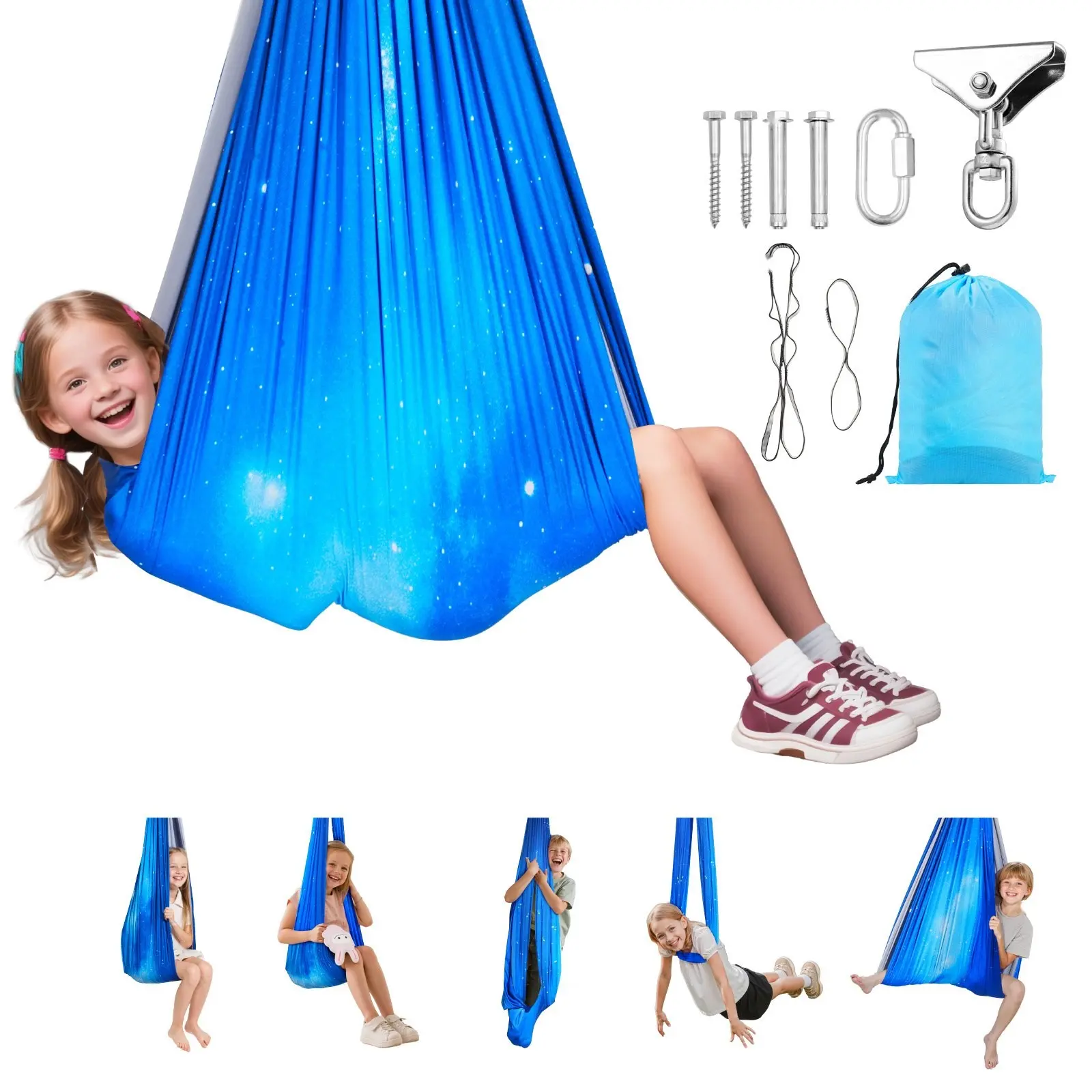 Sensory Swing For Kids And Adults, Double-Layer Fabric Hammock, Indoor And Outdoor Sensory Swing With 360° Swivel Hanger, O-Sling Support, Holds Up To 300 Lbs, Adjustable Aerial Yoga Swing, Ceiling Or Doorway Hanging