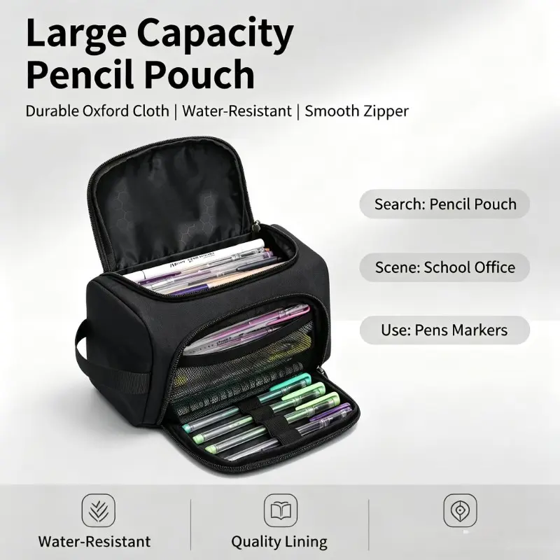 Large Capacity Multi Compartment Oxford Pencil Case, Water Resistant Big Pencil Pouch, Metal Zipper, Back to School Stationery Bag Storage